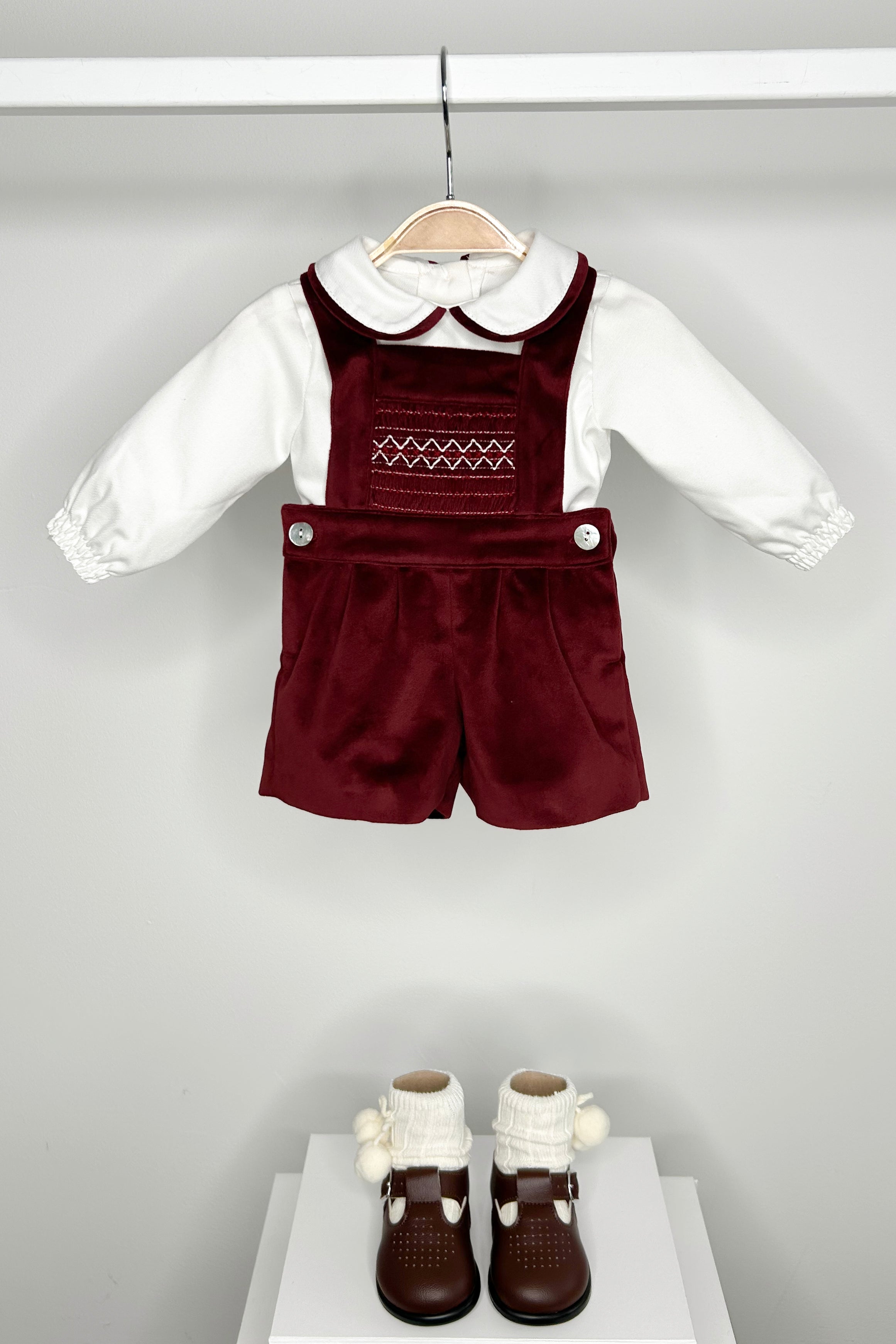 Francis Burgundy Velvet Smocked Dungaree Set for Baby Girls - Soft & Stylish Romper Outfit for Photoshoots, Parties & Special Occasions