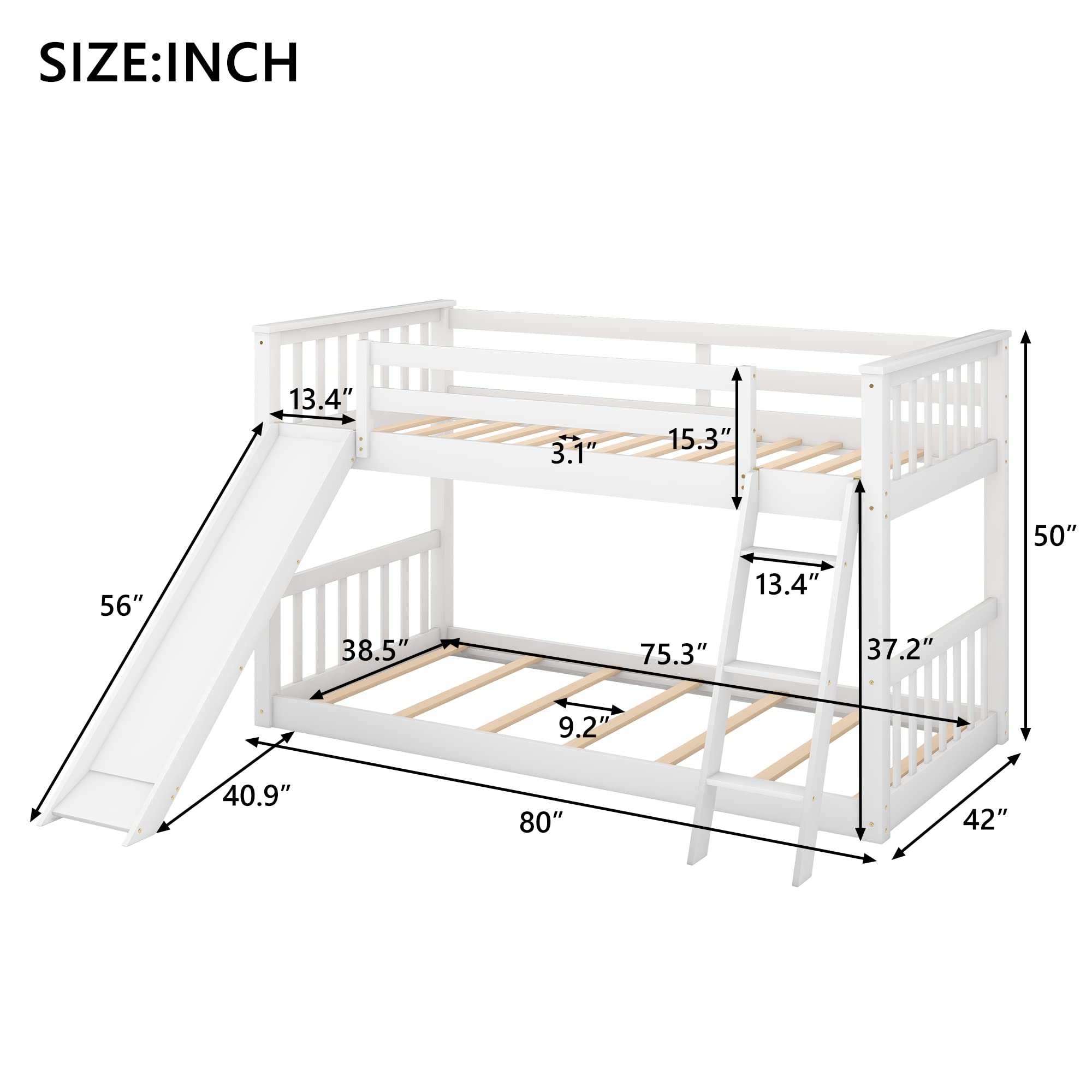 Harper & Bright Solid Wood Twin Over Twin Low Bunk Bed with Slide & Angled Ladders - Kids Bunk Bed for Toddlers to Teens (White) - Perfect for Small Bedrooms, Shared Kids Rooms & Sleepovers