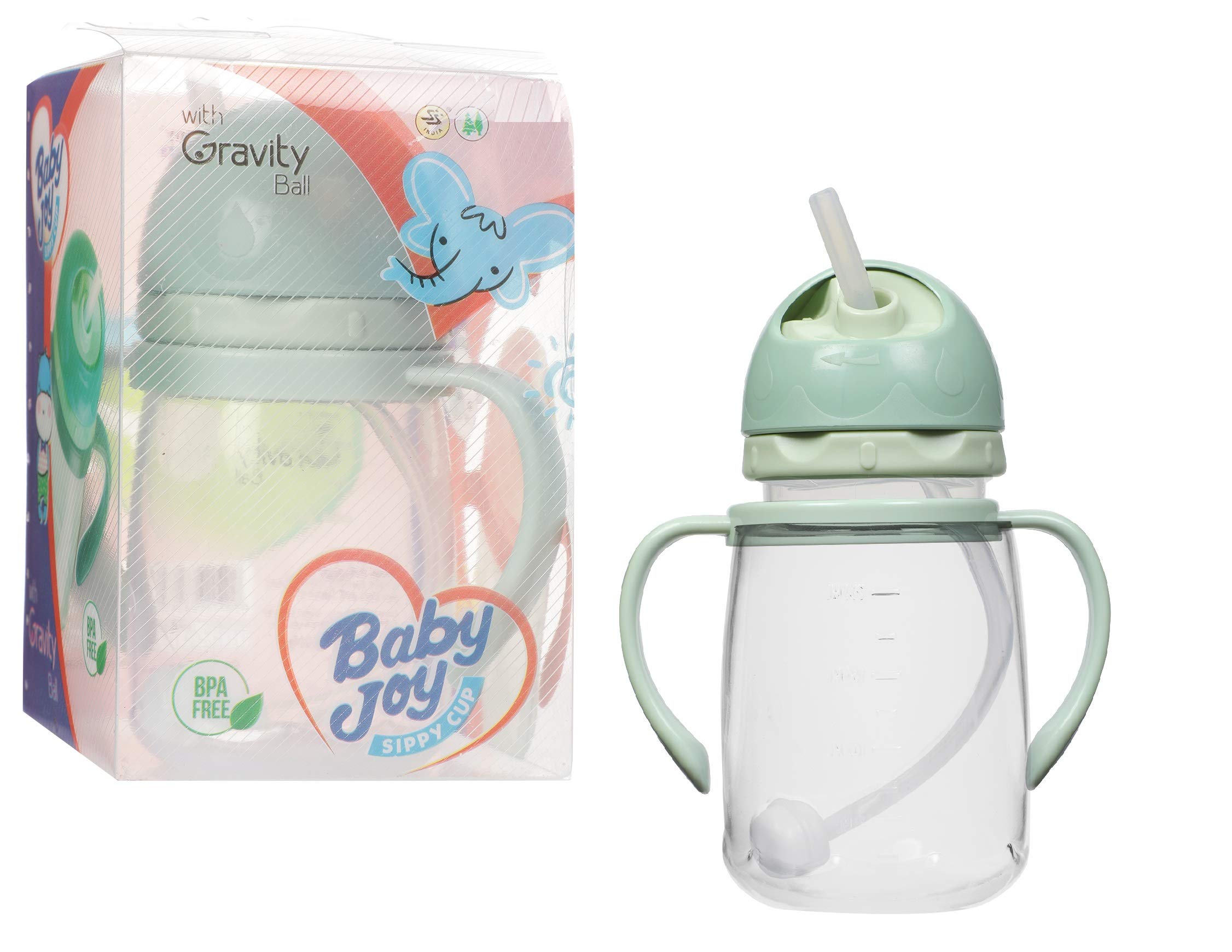 Spill-Proof Kids Water Bottle with Gravity Ball Straw & Handles - 250ml Transparent Green Baby Cup | Ideal for Toddlers, Daycare, Travel & Outdoor Activities