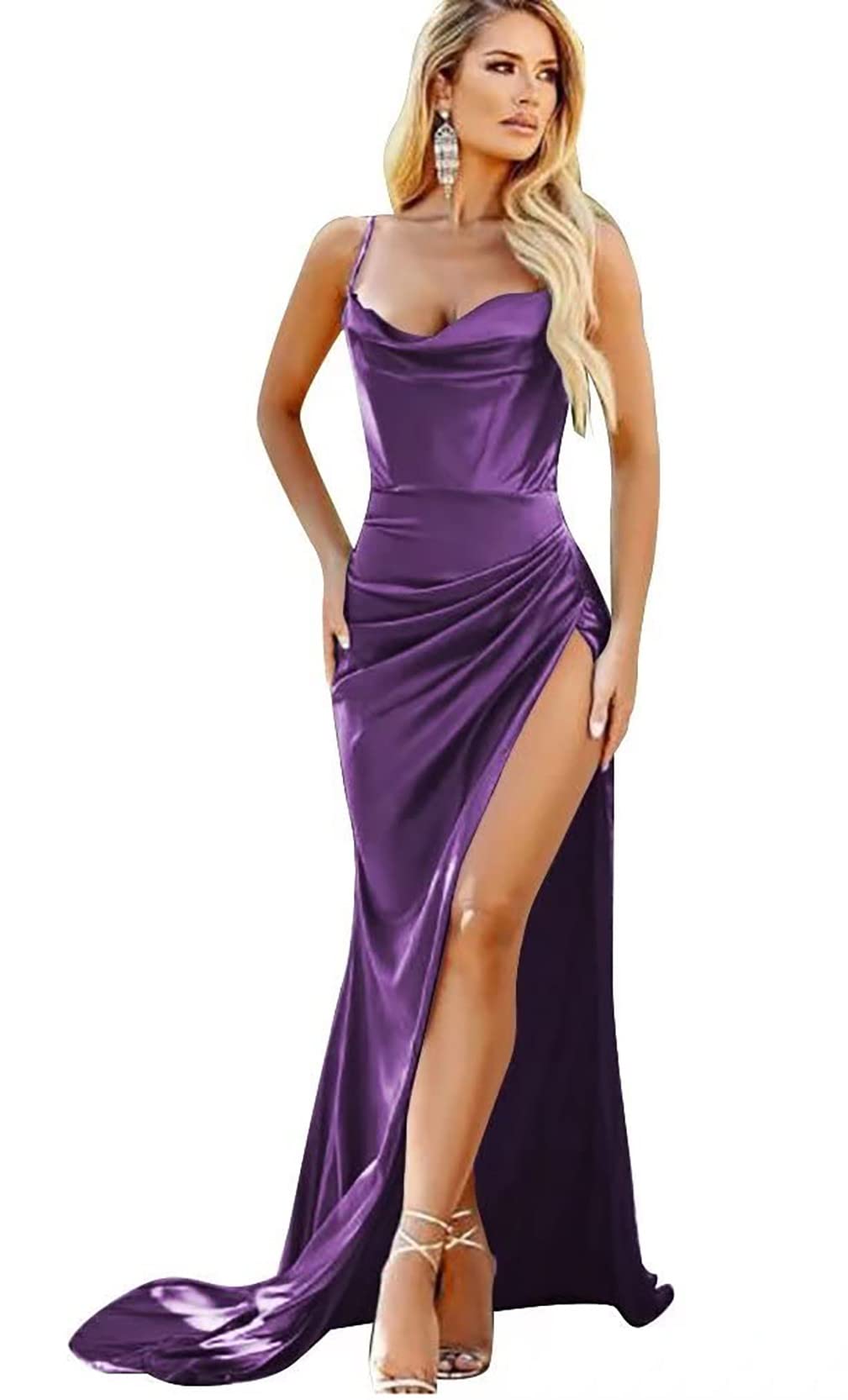 Elegant Women's Spaghetti Strap Prom Dress - Long Silk Satin Formal Mermaid Evening Gown Sexy A-Line Maxi Dress with Thigh Slit | Perfect for Homecoming, Wedding Guest, Cocktail Party & Special Occasions