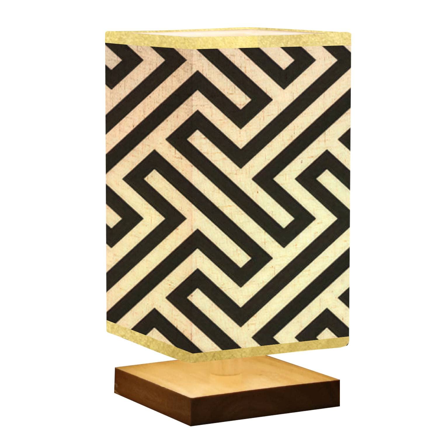 Dimmable Wood Base Bedside Table Lamp with Flaxen Fabric Shade - Abstract Greek Key Design for Nightstand, Bedroom & Living Room | Perfect for Reading, Relaxing & Ambient Lighting