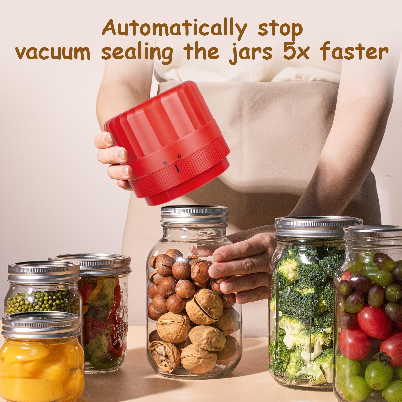 Automatic Mason Jar Vacuum Sealer Kit with Auto Stop - Preserve Food Freshness for Canning, Pickling, Dehydrating & Meal Prep | Airtight Storage Solution for Mason Jars, Pantry Organization & Home Food Preservation (Red)