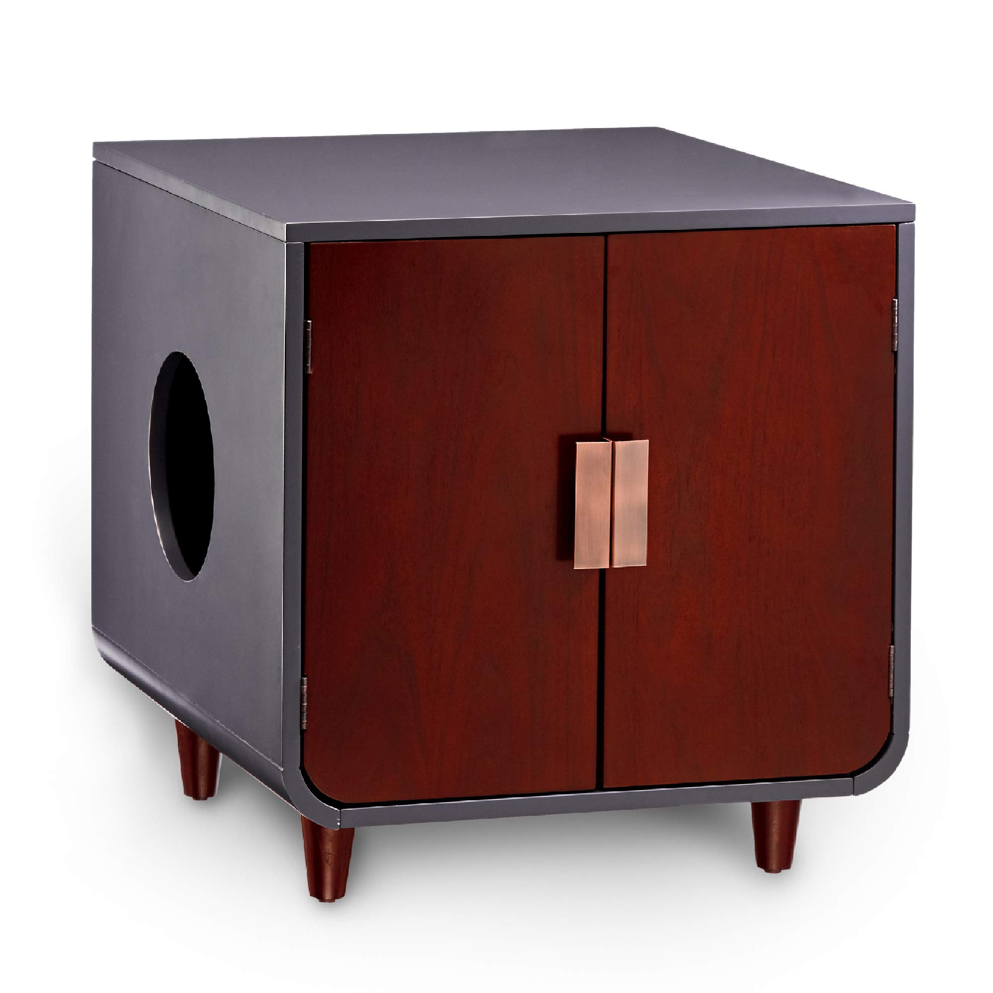Teamson Pets Dyad Hidden Litter Box Enclosure - Mid-Century Modern Side Table with Side Entrance & Double Doors in Mocha Walnut Finish | Perfect for Small Spaces & Stylish Home Decor