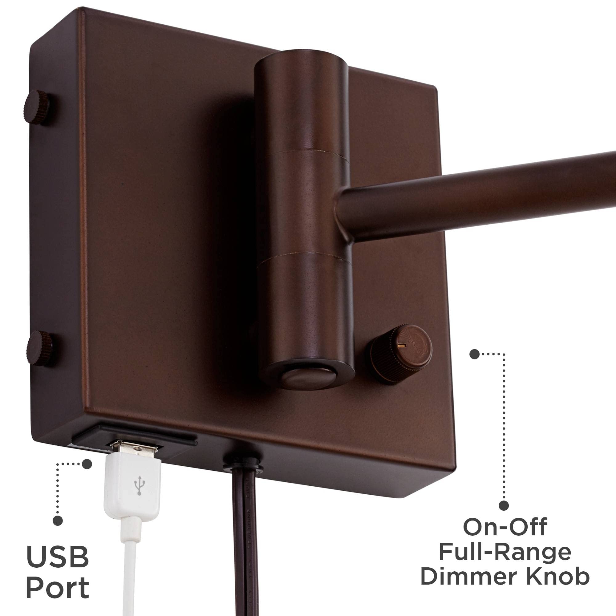 360 Lighting Vero Modern Swing Arm Wall Lamp with USB Charging Port - Oil Rubbed Bronze Plug-in Light Fixture with Cream Drum Shade - Perfect for Bedroom, Living Room, Hallway & Dining Areas (Reading Light, Nightstand Lamp, Home Decor)