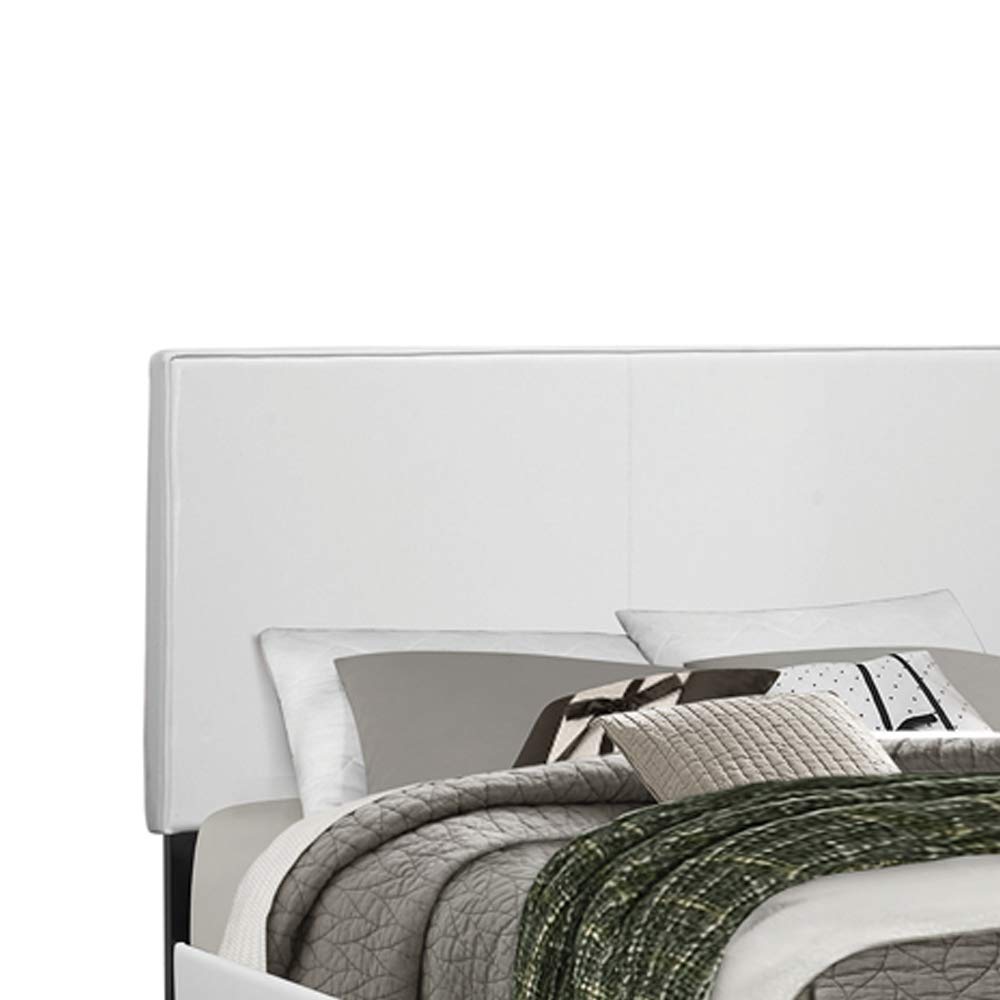 Benjara White Leatherette Queen Size Wooden Bed Frame with Low Profile Footboard - Modern Minimalist Bedroom Furniture for Small Spaces & Guest Rooms