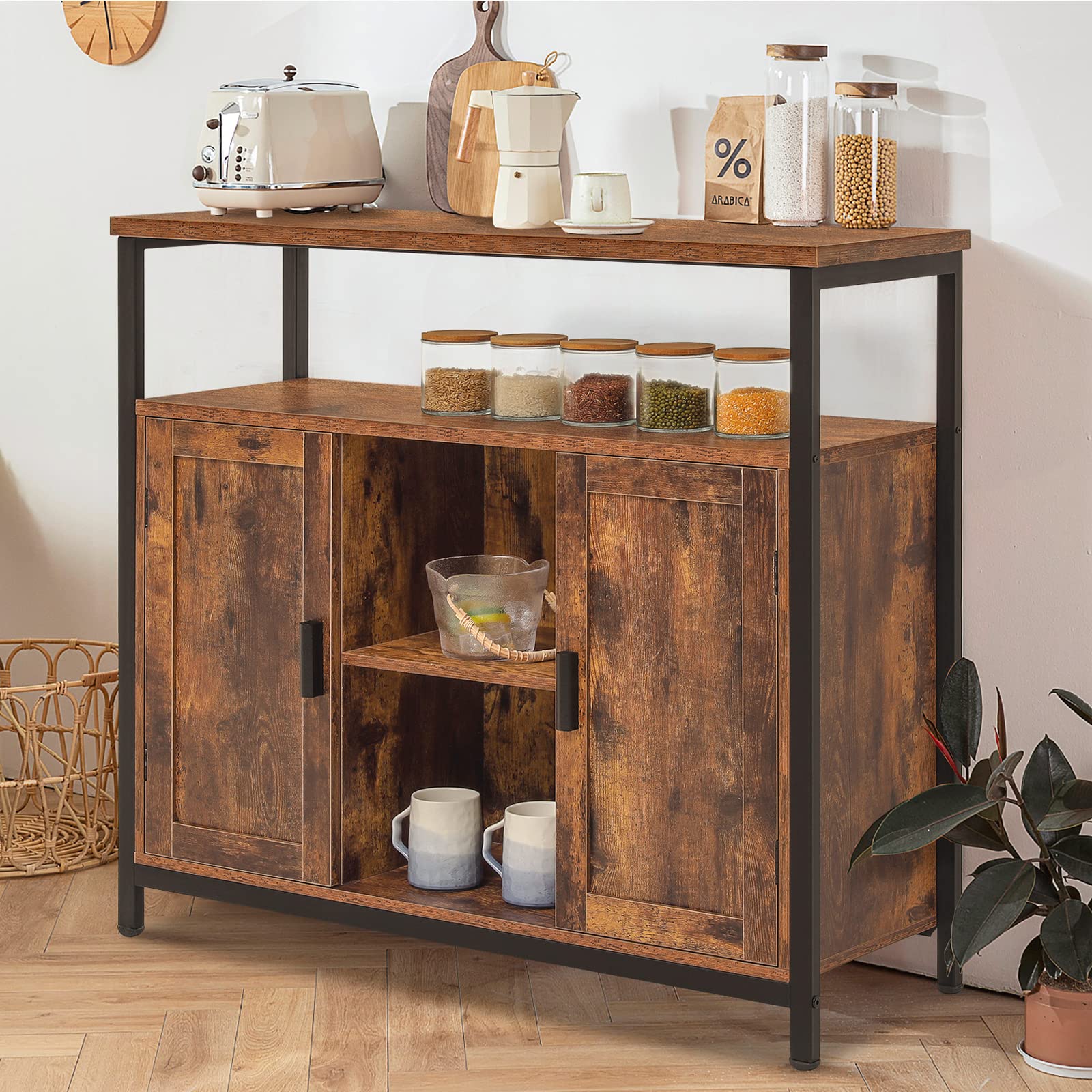 Rustic Brown 2-Door Storage Cabinet with Adjustable Shelves & Open Compartment - Buffet Sideboard for Dining Room & Living Room | Perfect for Home Organization, Kitchen Storage & Displaying Decor