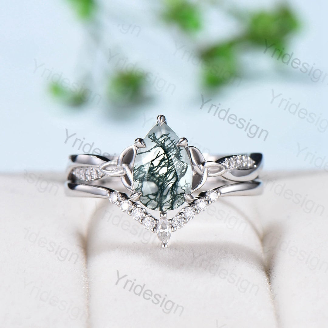 Viking Style 6x9mm Pear Shaped Moss Agate Engagement Ring Set with 3/4 Eternity Twisted Infinity Moissanite & Diamond Wedding Band for Women - Perfect for Norse-Themed Weddings, Viking Lover Gifts & Unique Proposal Jewelry