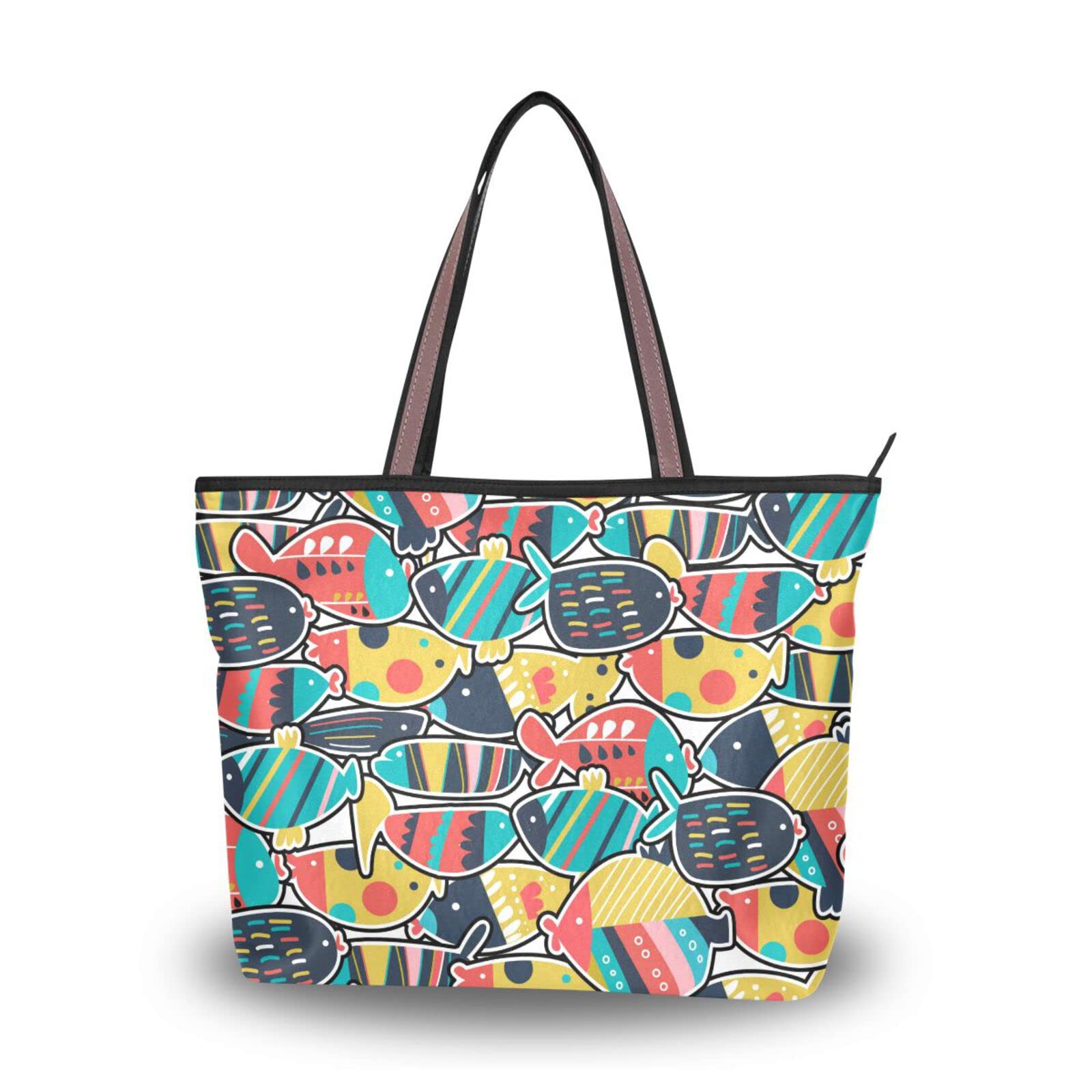 Anime Fish Print Tote Bag for Women - Large Capacity Zipper Purse for Grocery & Daily Use