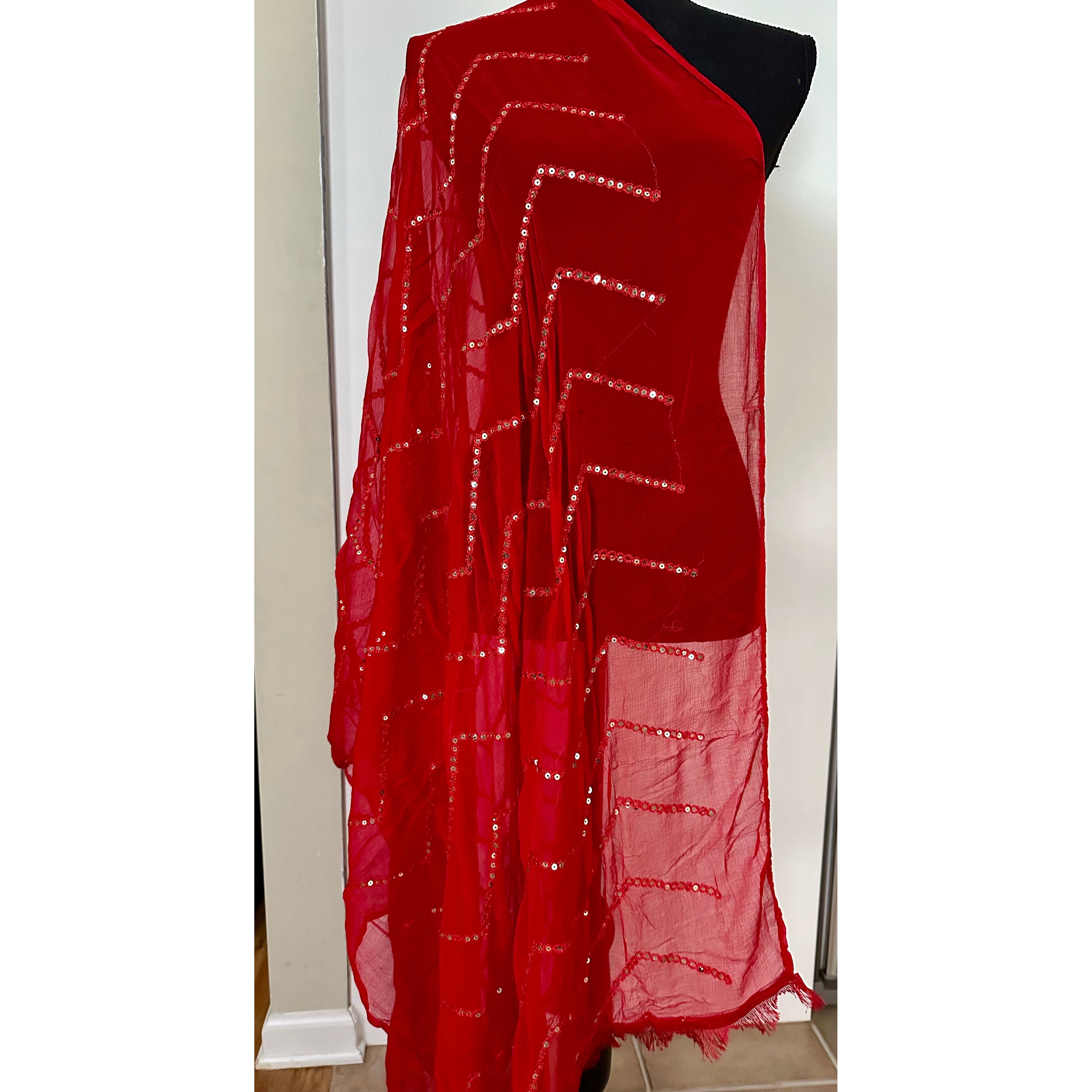 Elegant Red Dupatta with Gold Sequins - Traditional Indian Scarf for Women - Perfect for Weddings, Parties & Festive Occasions