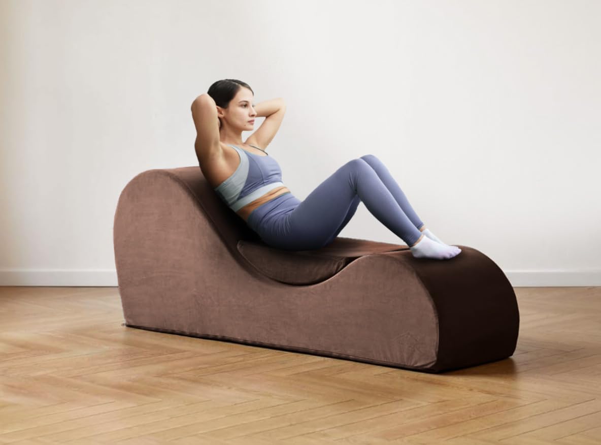 Solace Yoga Chaise Lounge Chair - Ergonomic Stretching & Relaxation Chair with High-Density Foam Core, Removable Washable Cover (Brown) - Perfect for Yoga, Pilates, Meditation & Home Spa