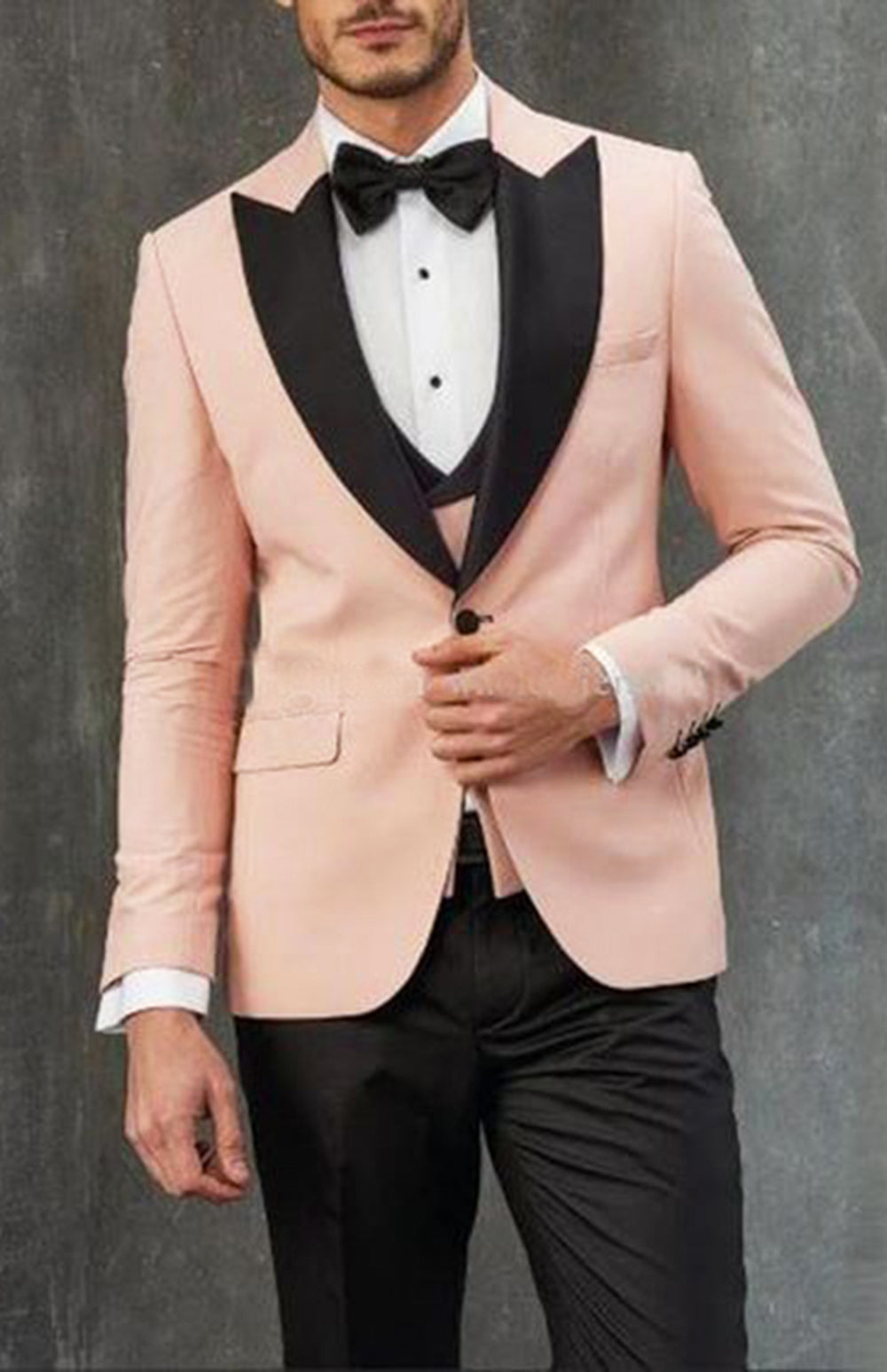 Peak Lapel 3-Piece Wedding Suit for Groom - Elegant Peach Pink & Black Tuxedo Set CB2311 | Perfect for Weddings, Prom, Formal Events & Special Occasions
