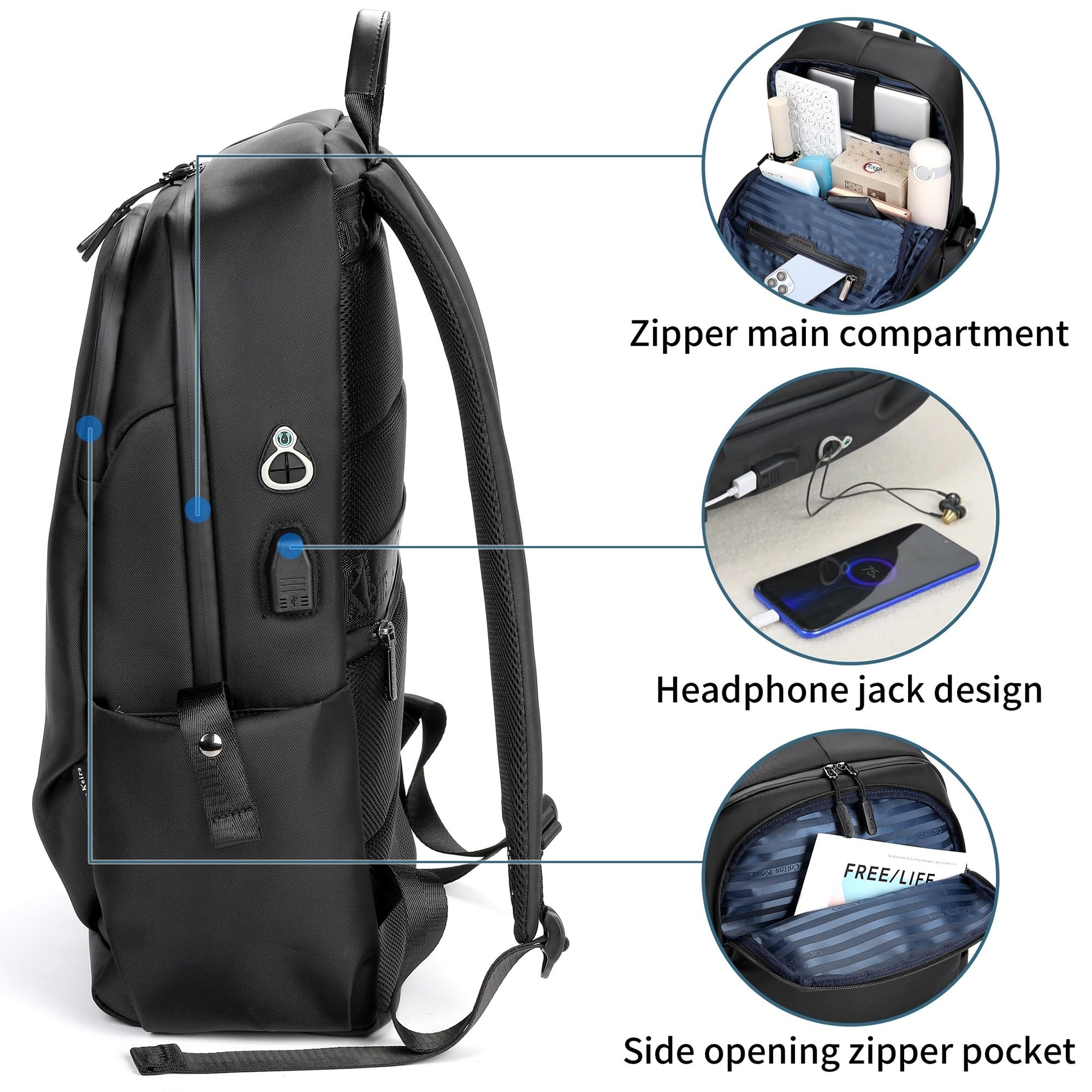17.3 Inch Laptop Backpack for Men - Business Travel Computer Backpack with USB Charging Port & Headphone Jack - 25L Waterproof Anti-Theft Bag - Perfect for Work, Commuting & College (Black)