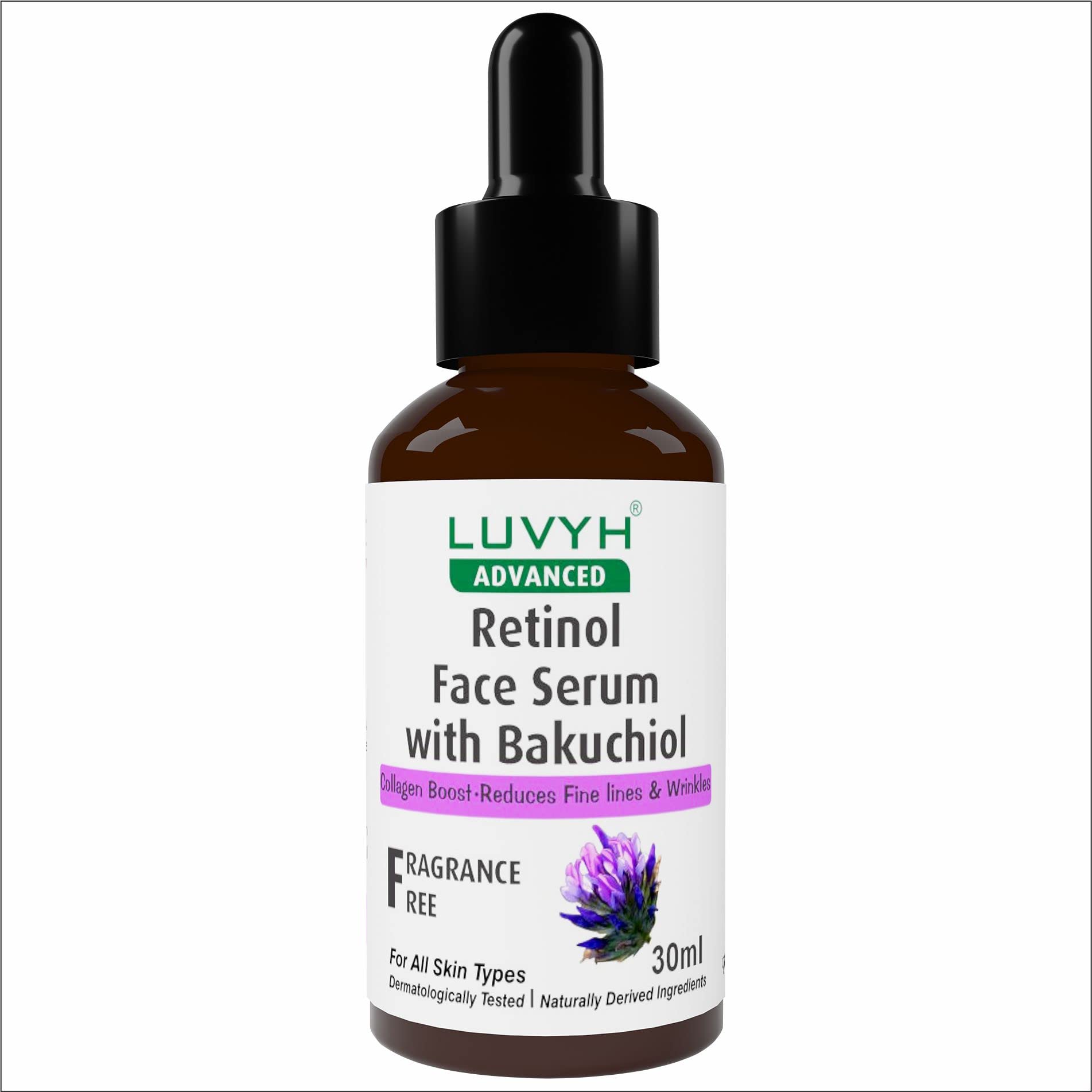 Luvyh Retinol Face Serum with Bakuchiol - Anti-Aging Treatment Reduces Fine Lines & Wrinkles, Boosts Collagen for Youthful Skin | 100% Vegan, Fragrance-Free 30ml | Perfect for Night Routine & Dry Skin Care
