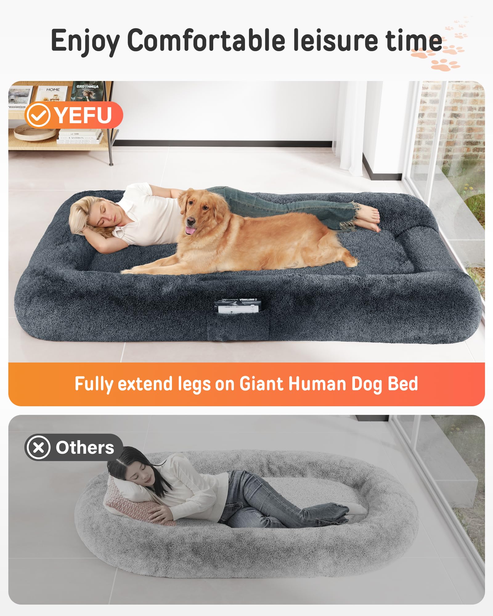 YEFU Extra Large Human Dog Bed 78.7x44.8x11.8 Inches - Washable Cover & Anti-Slip Bottom - Giant Floor Bed for Adults, Pets, Napping & Lounging - Dark Grey - Perfect for Living Rooms, Bedrooms & Pet-Friendly Spaces