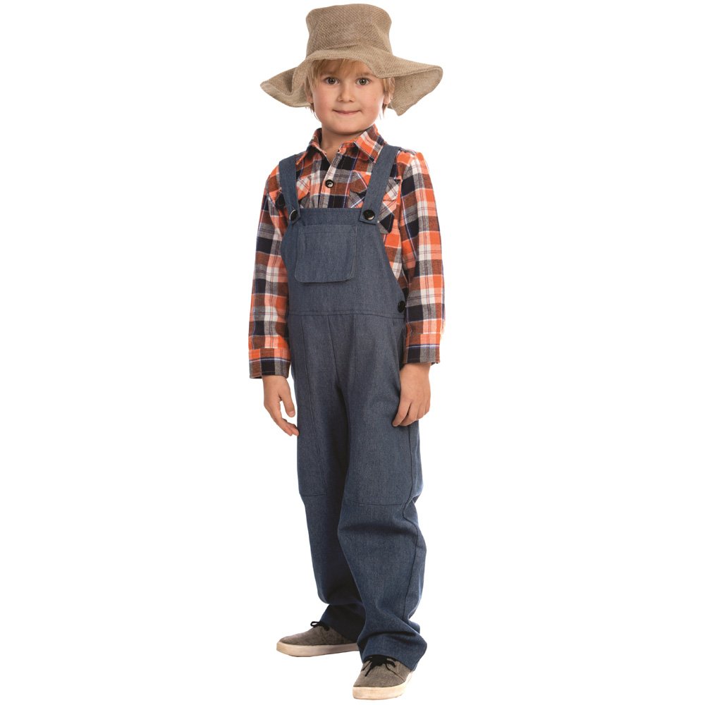 Kids Farmer Costume Set - Boys & Girls Overalls & Shirt for Dress Up, Halloween & Farm Theme Parties | American Style Farmwear for Children's Role Play & Pretend Play