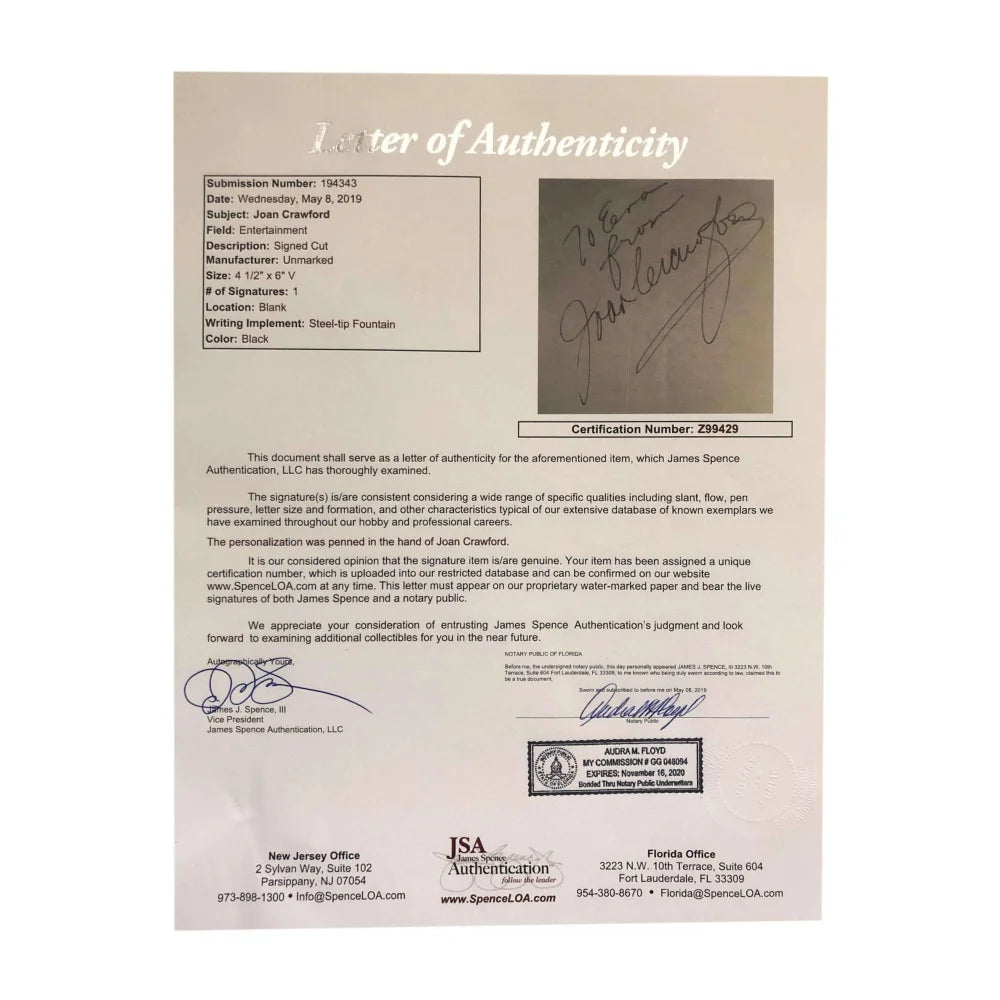 Joan Crawford Signed Album Page - Authentic JSA COA Cut Autograph - Academy Award Winning Actress - Perfect for Collectors, Memorabilia Displays & Film History Enthusiasts