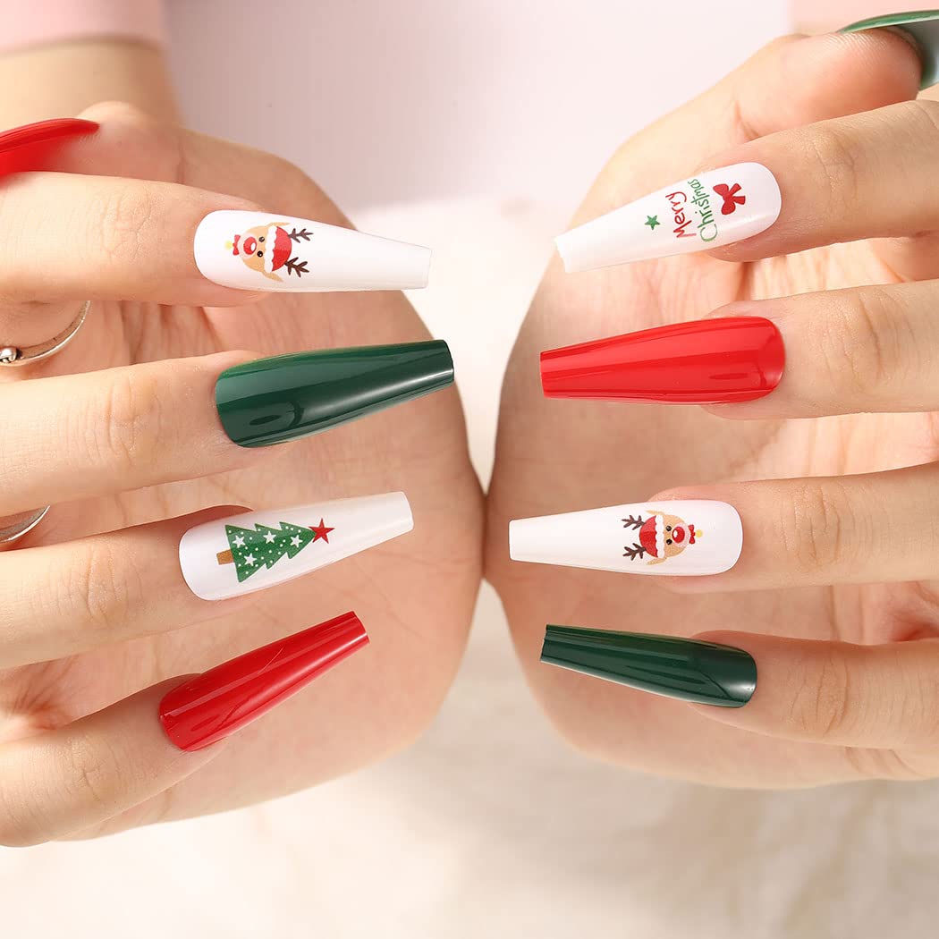 Extra Long Press on Nails - Snowflake Red Christmas Fake Nails with Elk Ballerina Glossy Finish | Full Cover False Nails Santa Claus Acrylic Tips for Women & Girls (30 PCS, Pattern-A) | Perfect for Holiday Parties, Gift Giving & Festive Nail Art