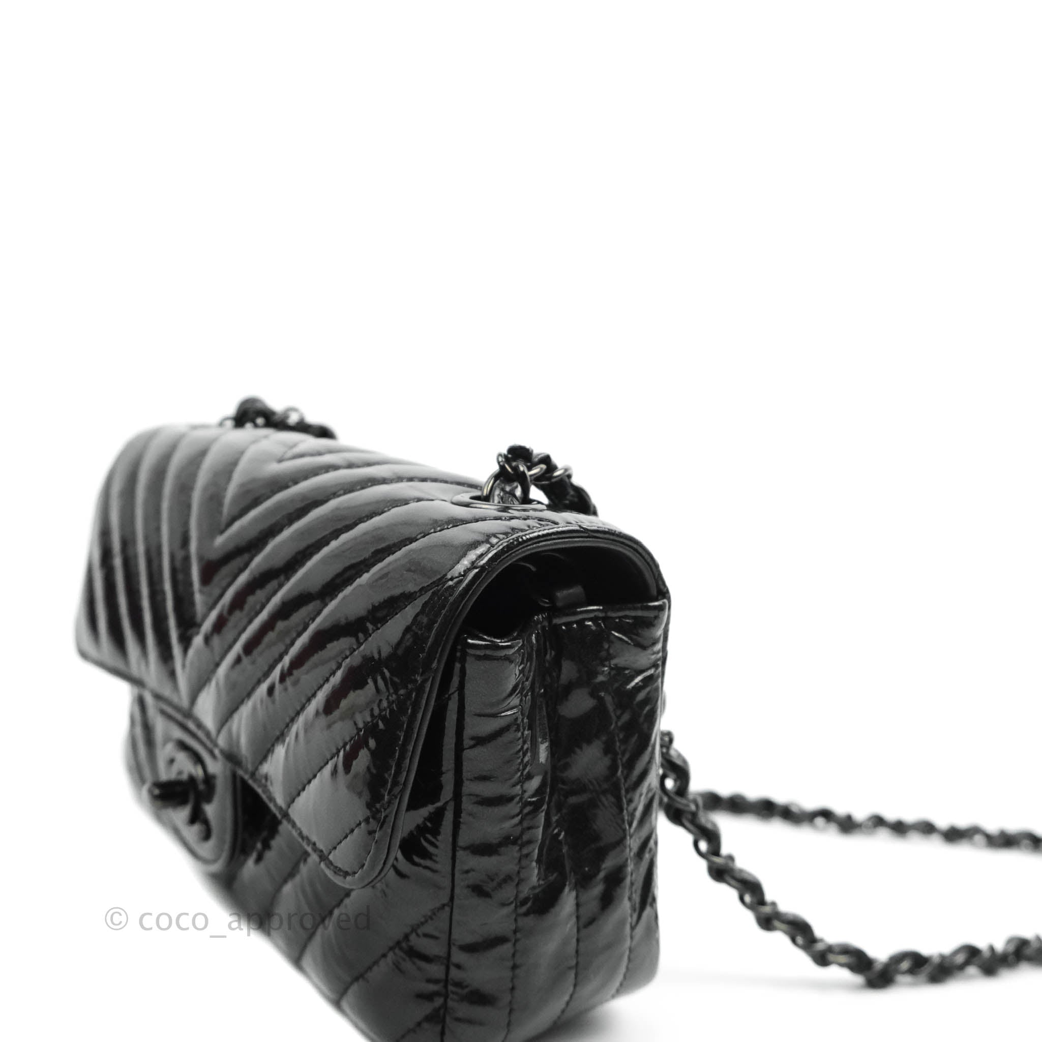 Chanel Chevron Mini Rectangular Flap Bag in Black Crumpled Patent Leather with So Black Hardware - Perfect for Evening Events & Luxury Fashion Accessories