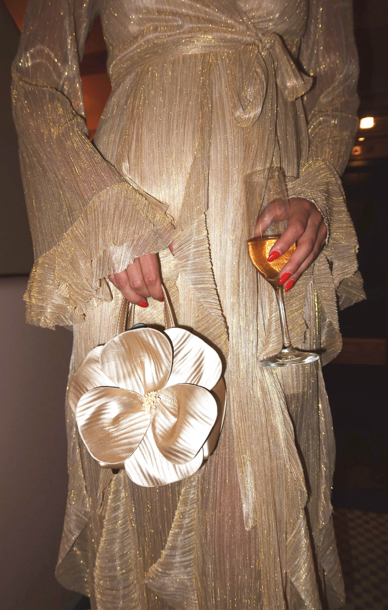 Jenny Ruffle Maxi Dress in Gold Glimmer - Elegant Flowy Long Dress for Women, Perfect for Weddings, Parties & Special Occasions