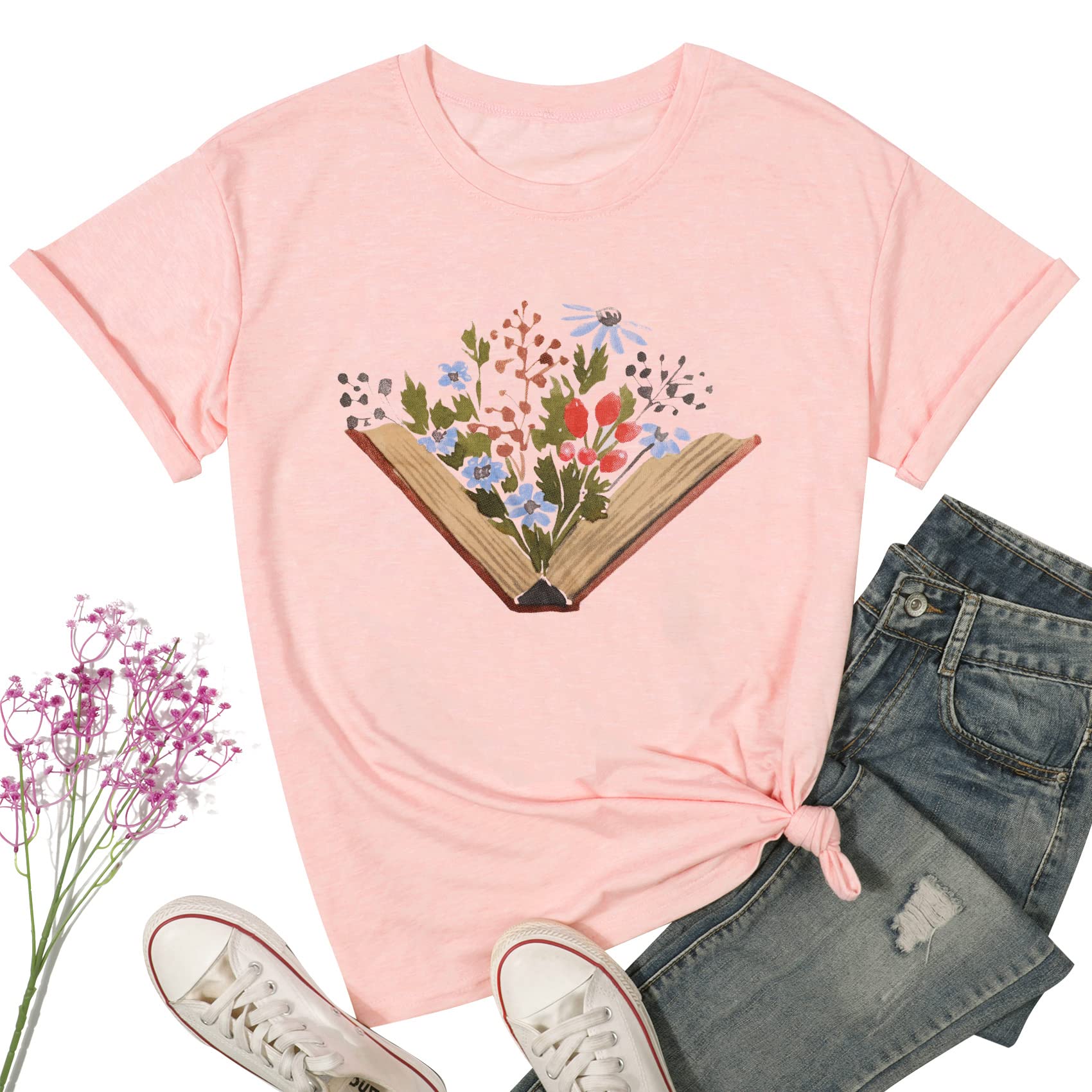 Funny Book Lovers T-Shirt for Women - Wildflowers & Reading Design - Cute Teacher Tee - Short Sleeve Casual Top | Perfect Gift for Bookworms, Librarians & Educators