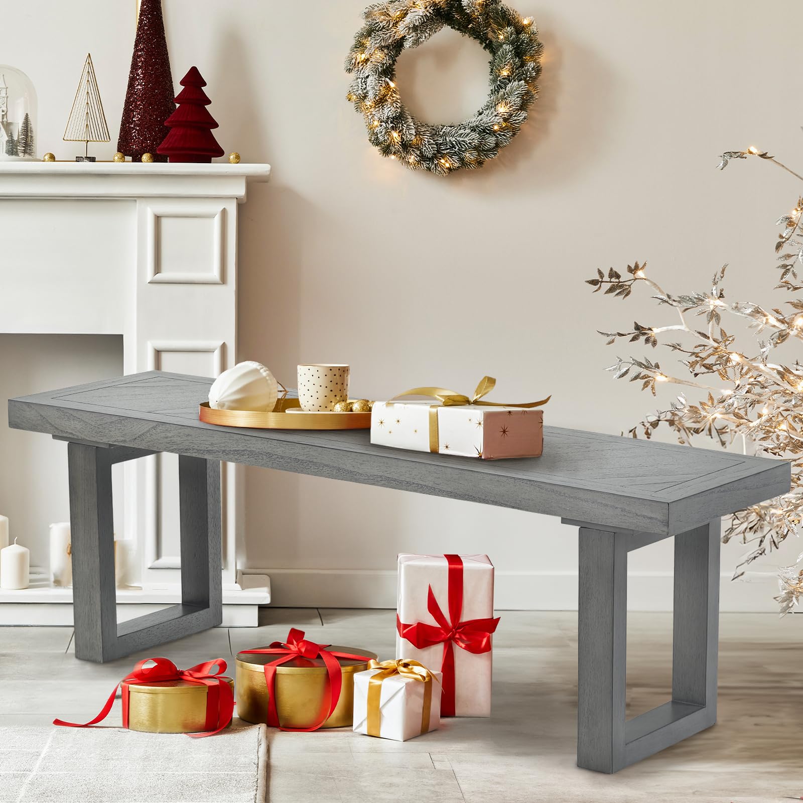 COLAMY 48 Inch Wooden Dining Bench - Farmhouse Entryway Bench for Kitchen, Living Room & Bedroom - Grey Wooden Chairs for Dining Table (Perfect for Farmhouse Decor, Small Spaces & Entryway Seating)