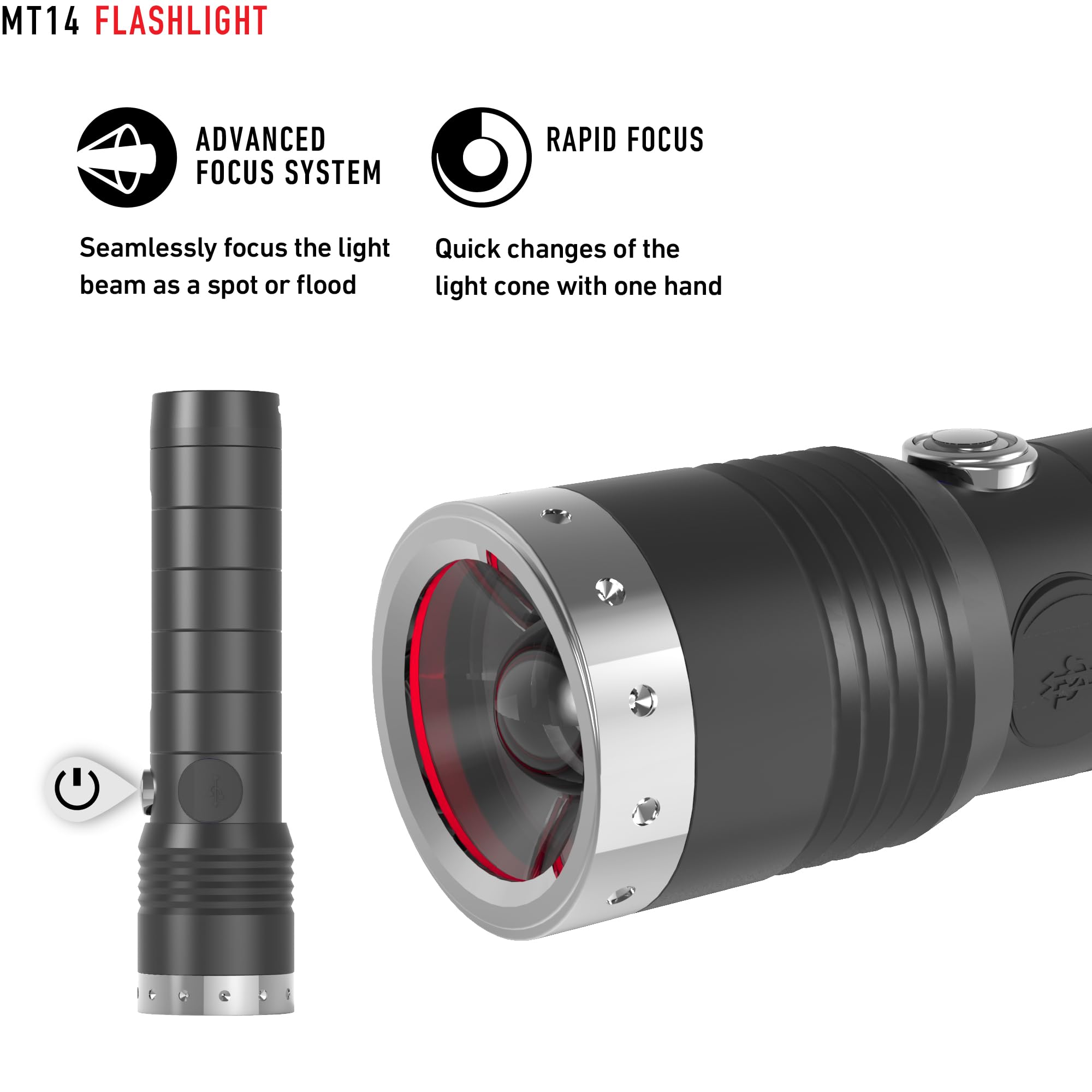 Ledlenser MT14 Rechargeable Flashlight - 1000 Lumens High Power LED, Adjustable Focus System, Waterproof for Camping, Hiking & Emergency Use