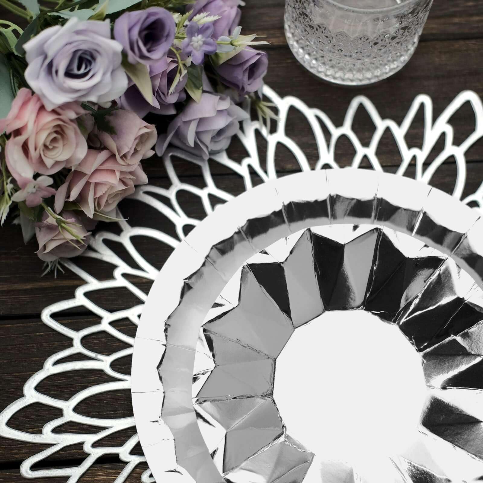 Efavormart 25 Pack 9 Inch Geometric Metallic Silver Foil Disposable Dinner Plates - 400 GSM Heavy Duty for Parties, Weddings, and Special Events