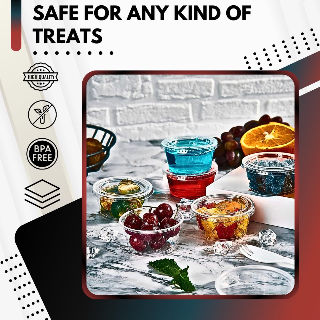 2 oz. Disposable Plastic Jello Shot Cups with Lids - 100 Pack | Small Portion Containers for Souffle, Condiments, Salad Dressing & Dipping Sauces | Perfect for Parties, Catering, Restaurants & Portion Control