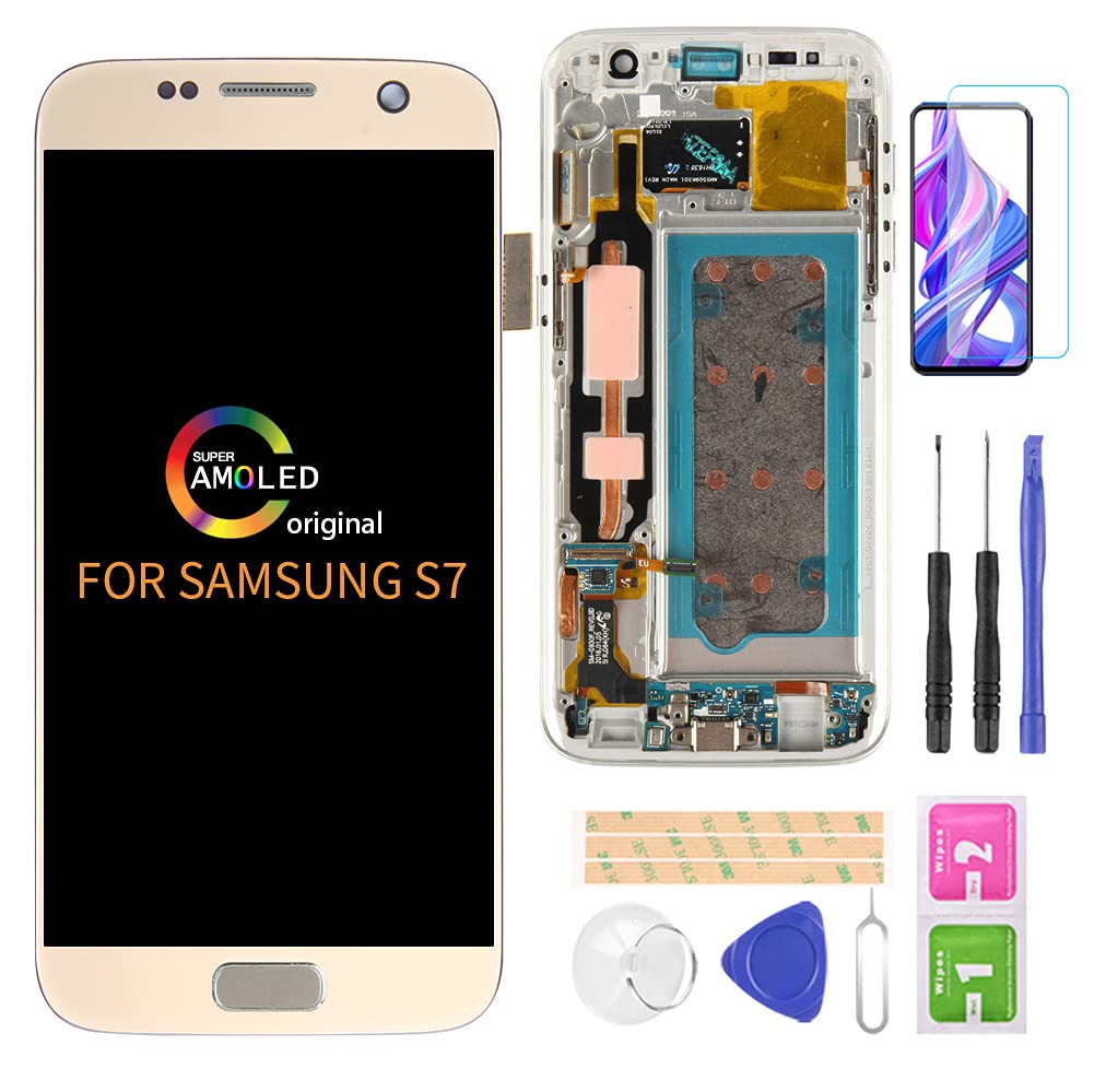 Original AMOLED LCD Display Touch Screen Digitizer Assembly with Frame for Samsung Galaxy S7 G930 (Not S7 Edge) - Screen Replacement Repair Kit Includes Free Screen Protector & Tools (Gold) | Perfect for DIY Phone Repair & Screen Damage Replacement