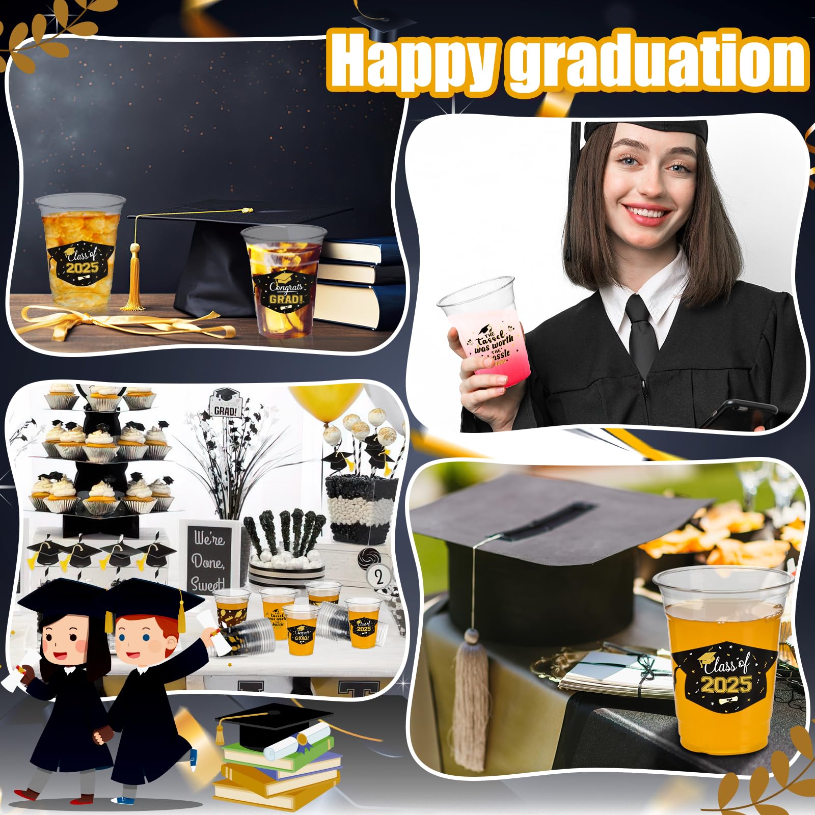 GuassLee 50-Pack 12oz Black and Gold Graduation Party Cups - Class of 2025 Disposable Plastic Drinkware for Graduation Decorations, Commencement Celebrations & Grad Party Supplies - Perfect for Graduation Ceremonies, After-Party Drinks & College Sendoffs