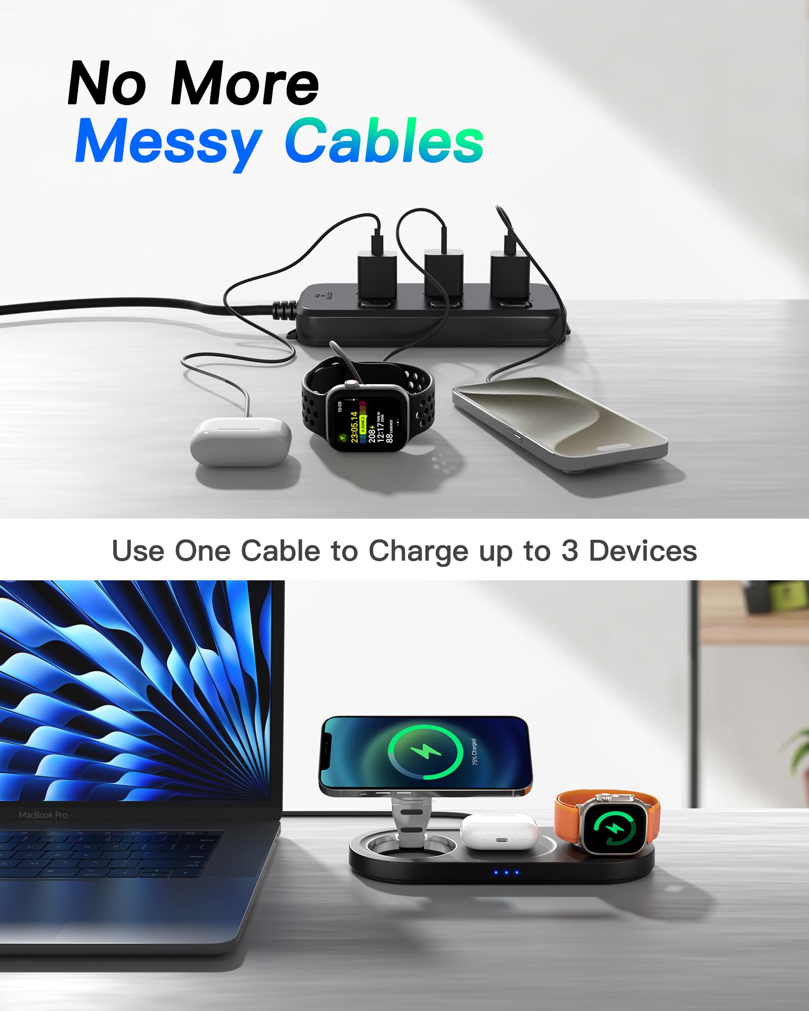 3-in-1 Magnetic Wireless Charger Stand for iPhone 16/15/14/13/12 Series, AirPods Pro & Apple Watch - Fast MagSafe Charging Station with Nano Technology - Perfect for Bedside, Office Desk & Travel (Black)
