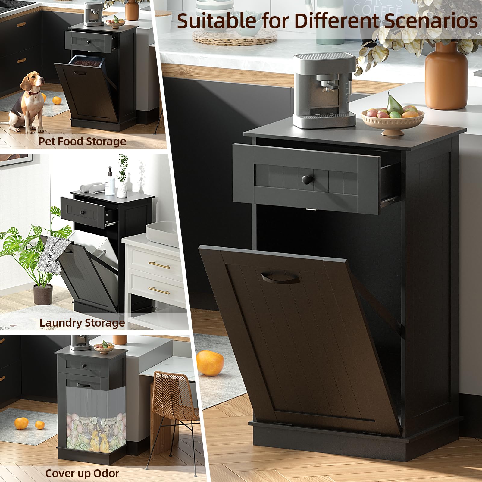 Wooden Tilt-Out Trash Cabinet - Dog Proof Garbage Can Holder with Laundry Hamper - Kitchen Island Organizer in Black - Perfect for Pet Owners & Small Space Kitchens
