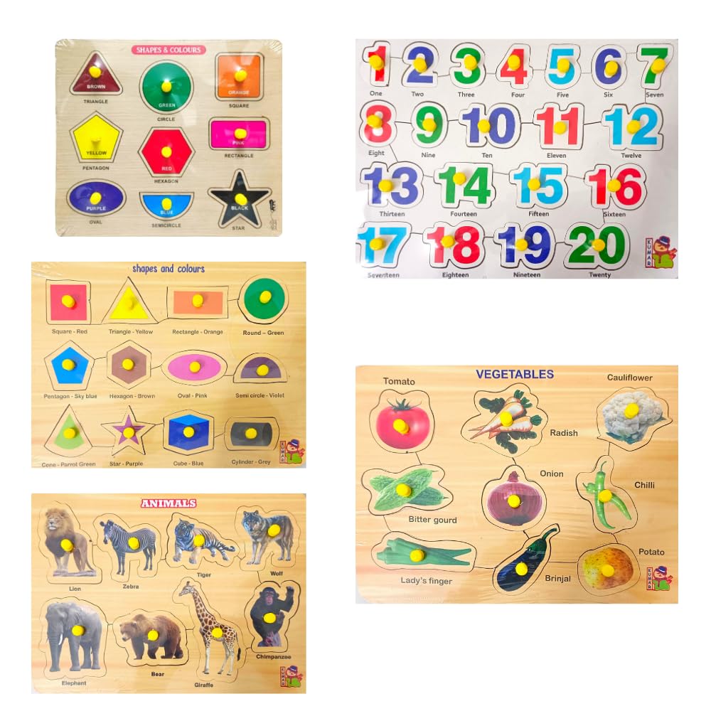 Combo of 5 Wooden Learning Boards: Shape, Small Shape, Wild Animals, 1-20 Numbers, Vegetables - Educational Wooden Puzzles for Kids 3+ & Adults - Perfect for Home Learning, Classroom Activities, and Family Bonding