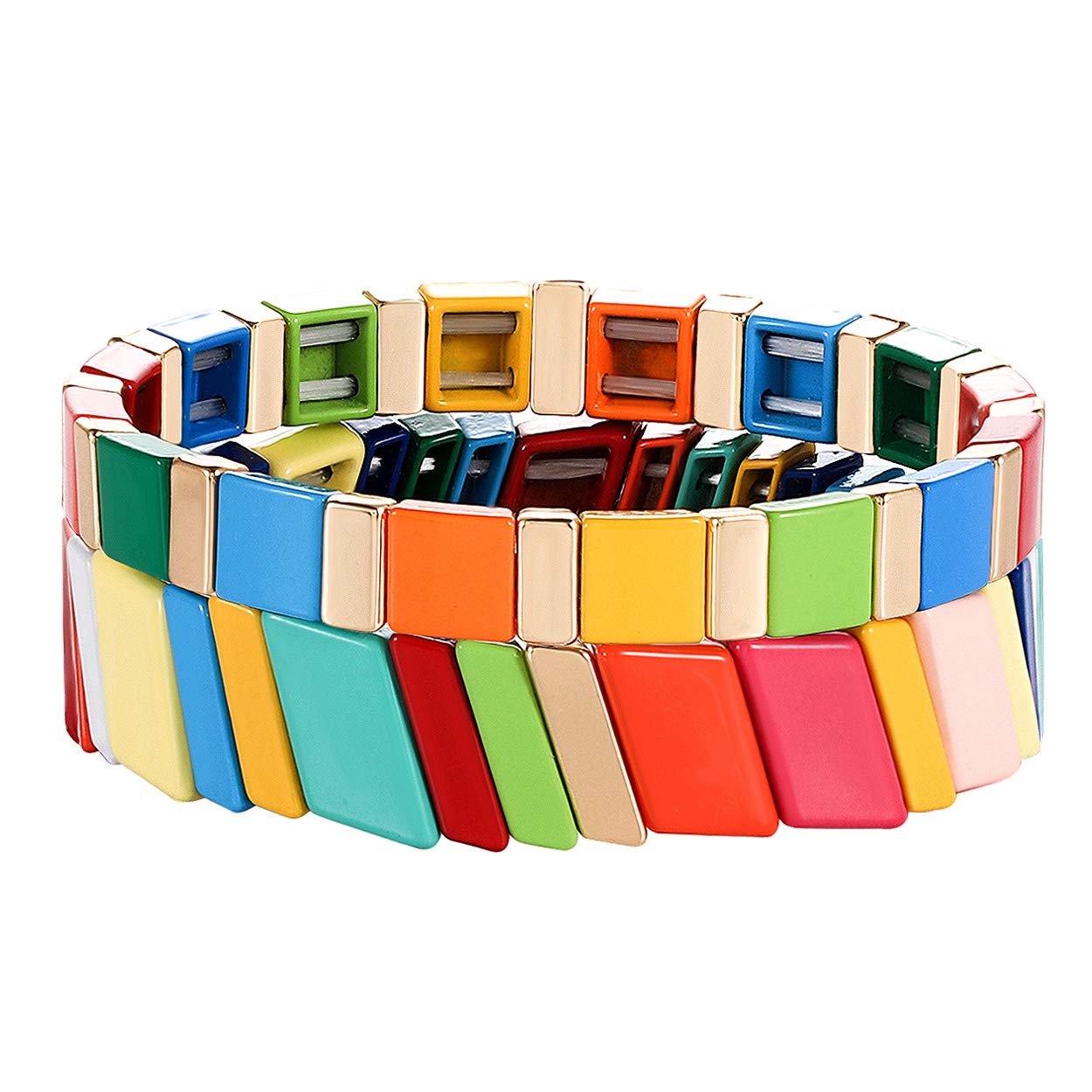 Colorful Enamel Tile Beaded Stretch Bracelets for Women & Men - Stackable Rainbow Rectangle Beaded Elastic Bracelet Set for Layered Wristwear | Perfect for Daily Wear, Gifts, and Fashion Accessories