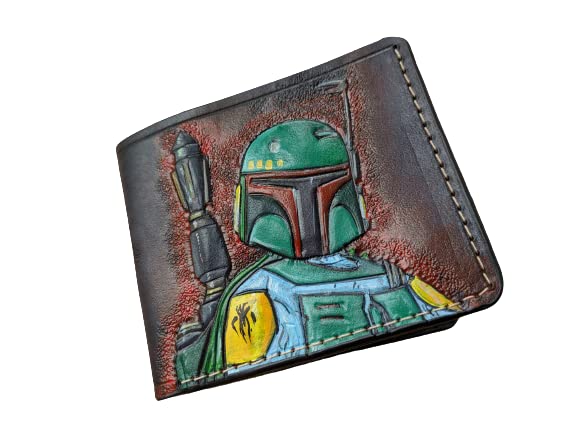 **Boba Fett's Bounty Hunter 3D Genuine Leather Wallet for Men – Handmade Carved & Tooled Mandalorian Jedi Bifold Wallet with Airbrush Art – Custom Personalized Gift for Star Wars Fans & Collectors – Perfect for Everyday Use, Cosplay & Gifting**