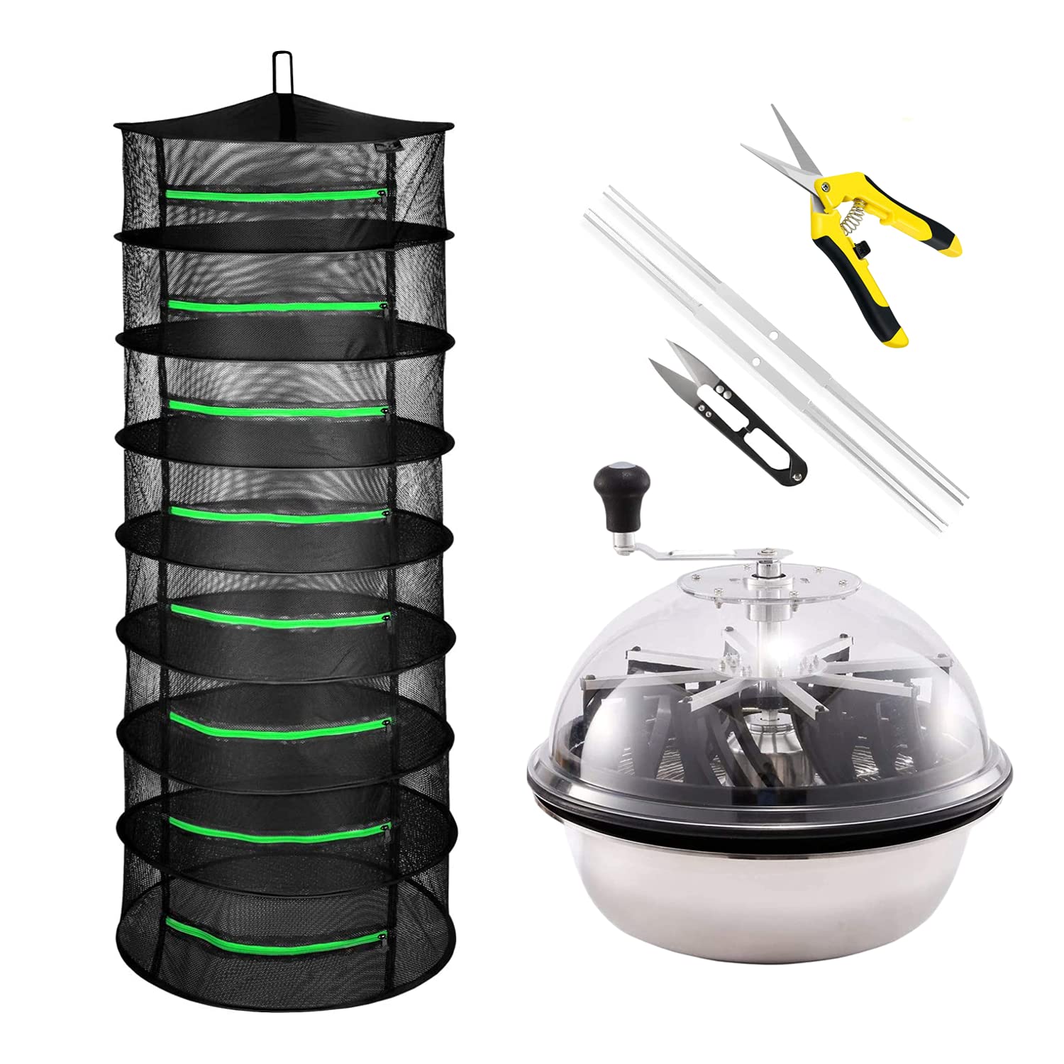 iPower 16-Inch Bud Leaf Bowl Trimmer with Upgraded Gears - Twisted Spin Cutting Tool for Plants and Flowers | Includes 2ft 8-Layer Zippered Hanging Herb Drying Net & 6.5