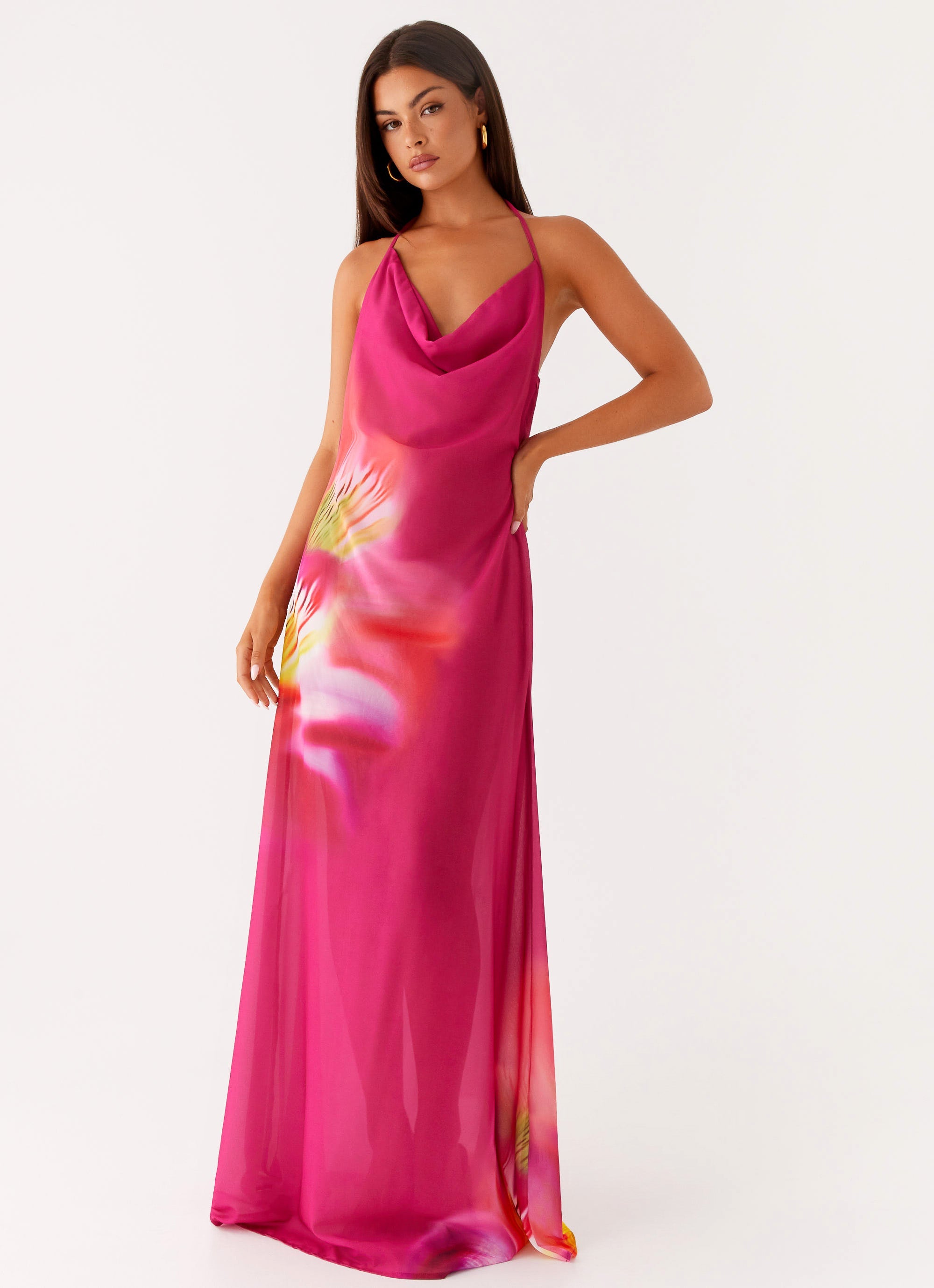 Fantasy Maxi Dress - Pink Tropical Floral Print Women's Summer Beach Dress for Vacation, Party & Boho Style