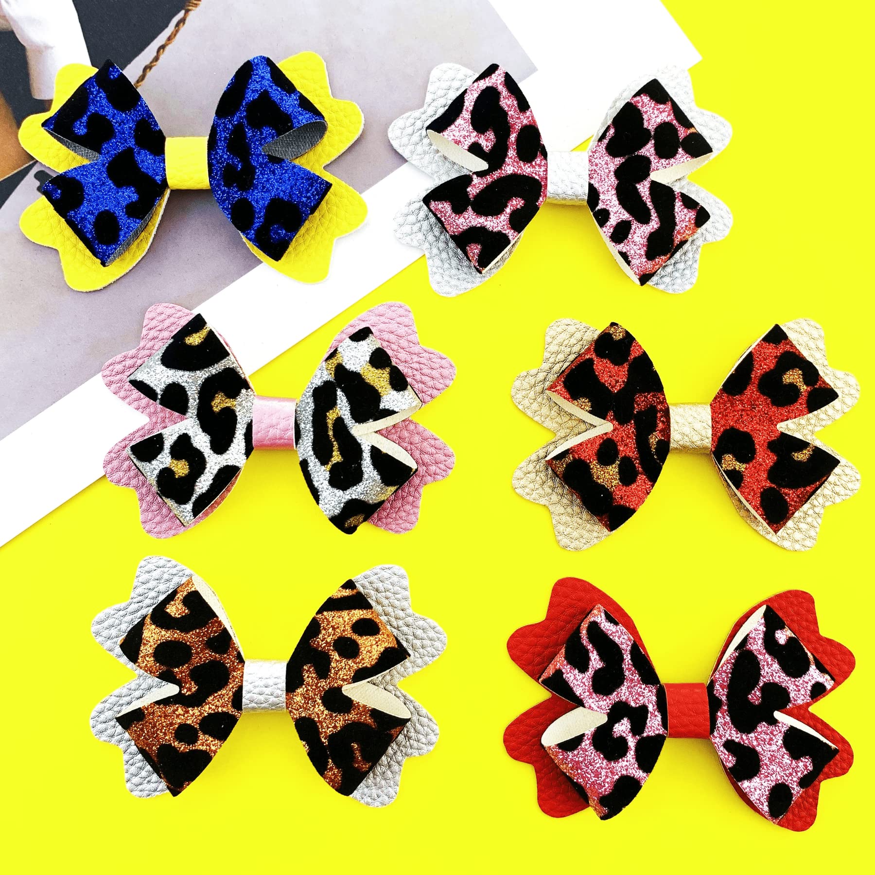 24-Piece Faux Leather Hair Bow DIY Kit with Glitter Leopard Print - Pre-Cut Pieces & Hair Clips for Girls & Women | Create Stylish Shiny Hair Accessories for Parties, Weddings & Everyday Wear