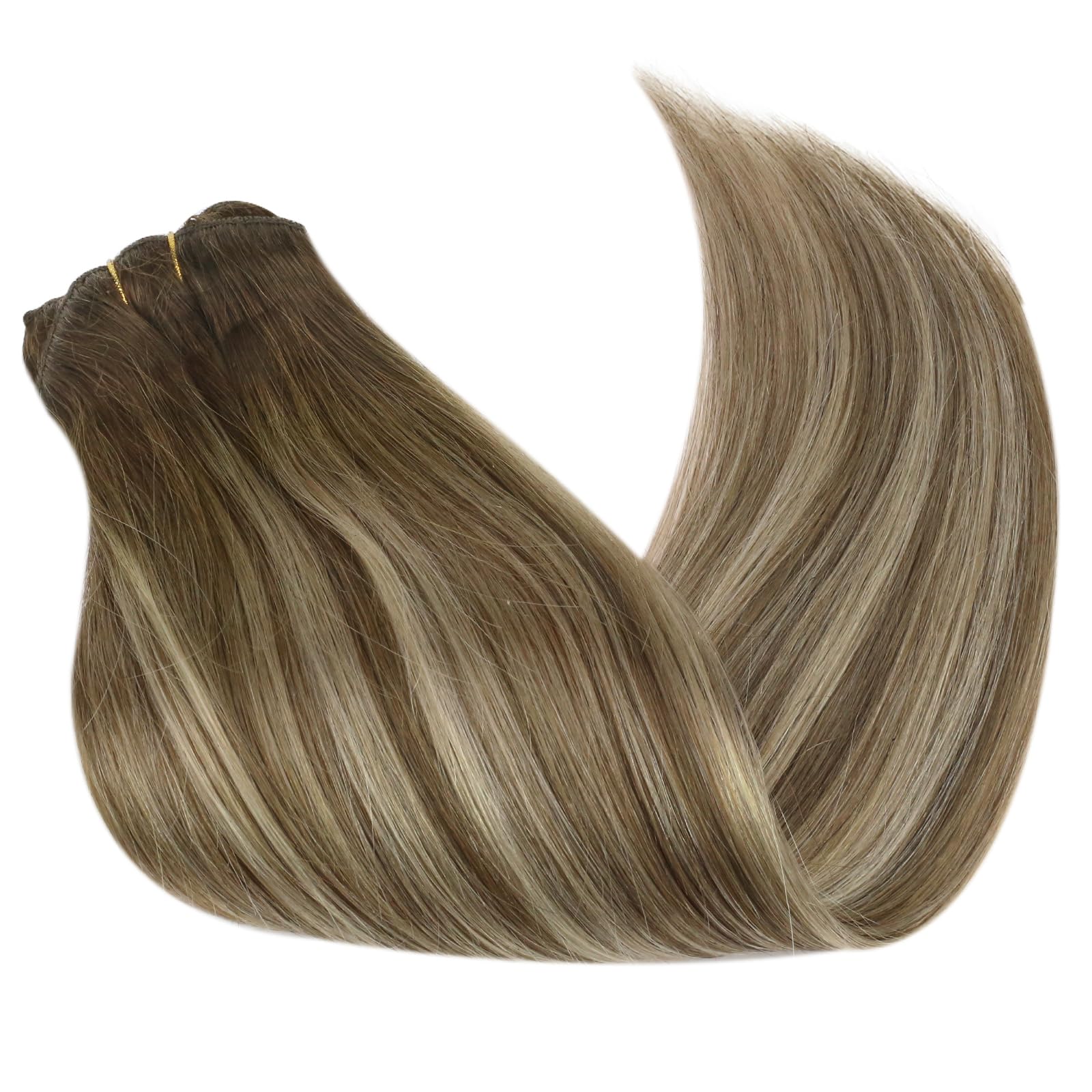 Ve Sunny 18inch Real Human Hair Clip-in Extensions - Balayage Brown to Blonde Ombre, 7pcs 120g, Durable & Natural for Daily Styling, Parties & Special Occasions
