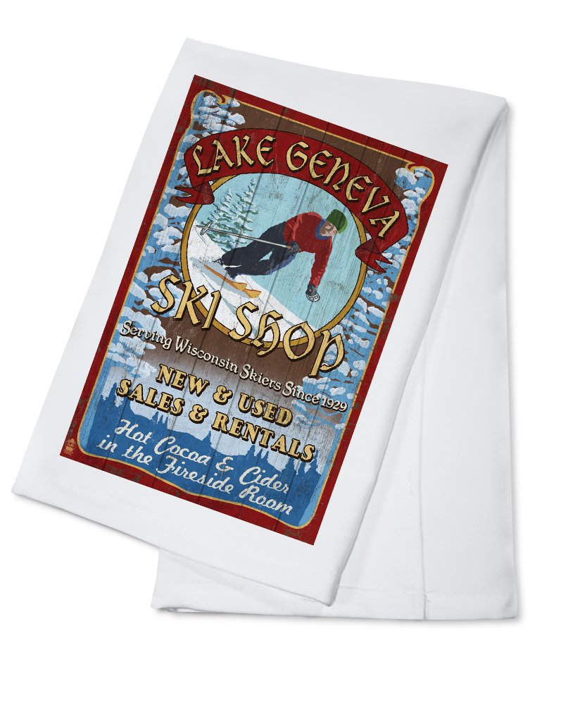 Vintage Ski Shop Sign Lake Geneva Wisconsin - 100% Cotton Tea Towel, Decorative Hand Towel for Kitchen & Home Decor - Perfect for Cabin, Lodge, or Ski Resort Themed Spaces