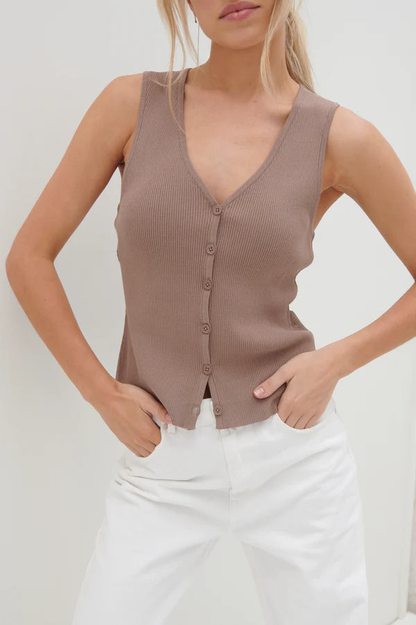 Casey Sleeveless Button Top in Taupe - Stylish Women's Casual Blouse for Summer Outings and Office Wear