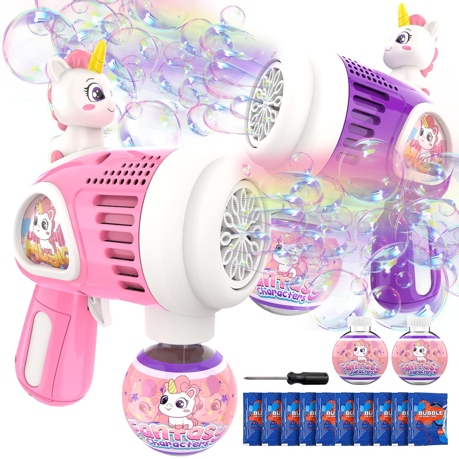 LED Unicorn Bubble Blaster Gun for Kids - 2 Pack with 2 Bottles & 10 Bags Refill Solution, Light Up Bubble Machine Toy for Toddlers Boys Girls - Perfect Birthday Gift, Children's Day & Party Favors | Outdoor Play, Backyard Fun, Birthday Parties & Summer Activities