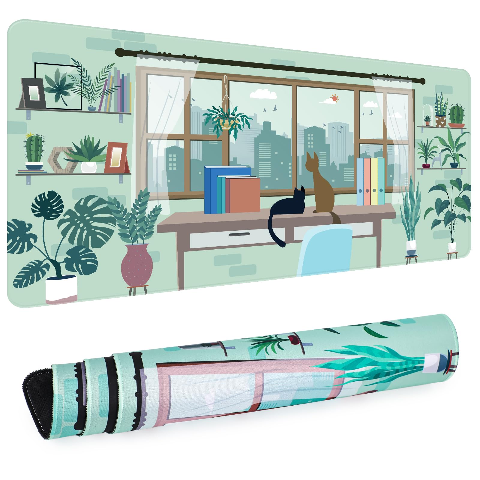 AFRITEE Sage Green Desk Mat with Cartoon Plants & Cats Design - Extra Large XL Non-Slip Office Desk Pad for Computer, Gaming & Home Workspace | Tropical Nature Themed Mousepad for Modern Desks (Home Office, Gaming Setup, Study Room)