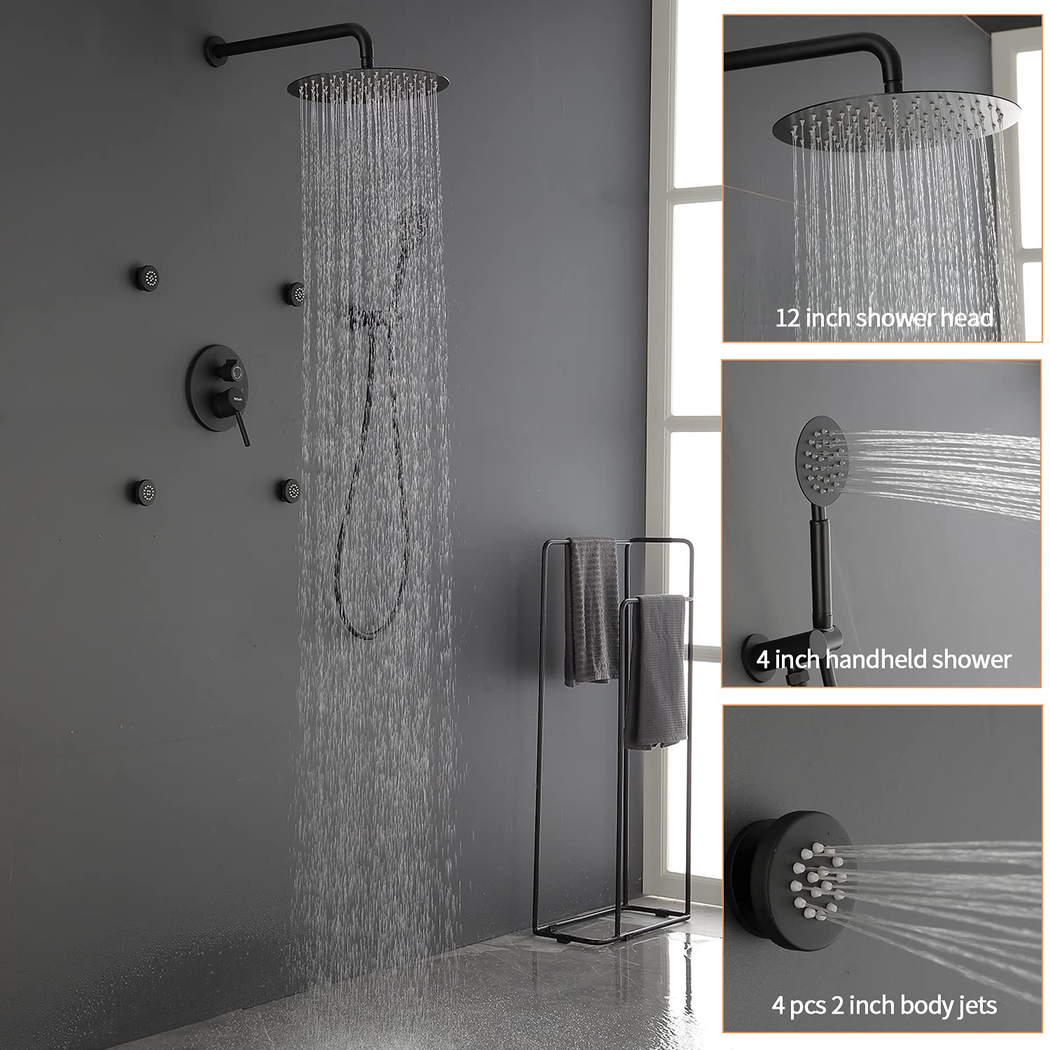 12 Inch Black Rain Shower System with 4 Body Jets - Wall Mount Shower Faucet Set & Full Body Spray Jets for Luxurious Spa-Like Bathroom Experience - Perfect for Master Bath, Guest Bath & Home Renovation