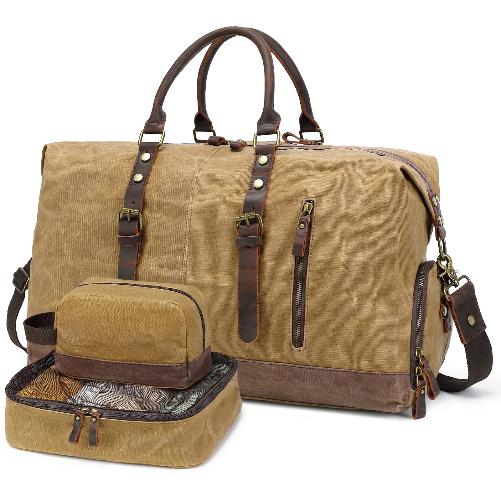 Vintage Waxed Canvas Duffel Bag for Travel - Leather Weekender Overnight Bag with Shoe Compartment & 2 Packing Cubes | Waterproof Gym Sports & Camping Duffle Bag for Men (Khaki) | Perfect for Business Trips, Weekend Getaways & Outdoor Adventures