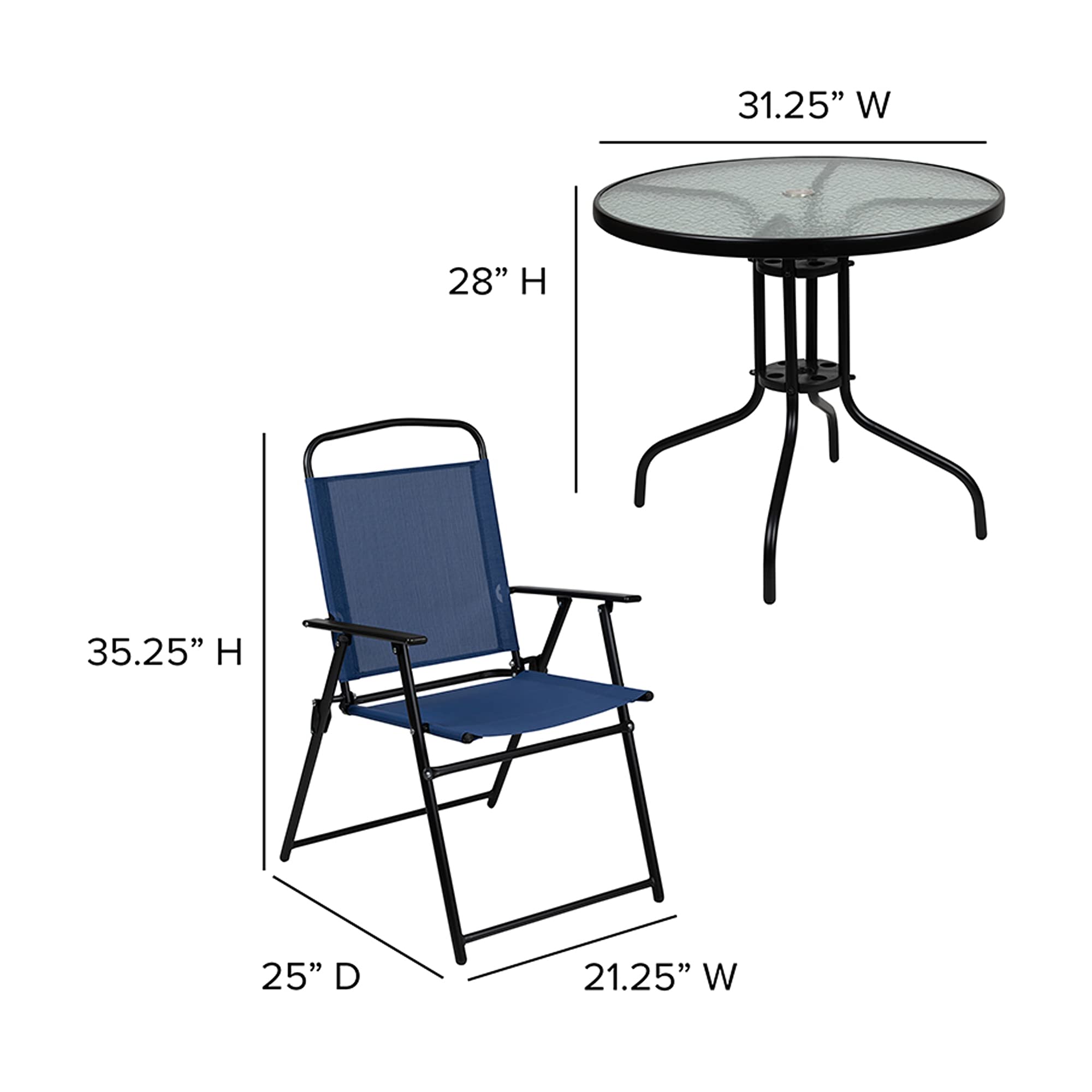 Flash Furniture Nantucket 6-Piece Patio Dining Set with Tempered Glass Table, 4 Folding Chairs & Sun Umbrella - Navy Blue Outdoor Furniture for Backyard, Garden, Poolside & Deck Dining