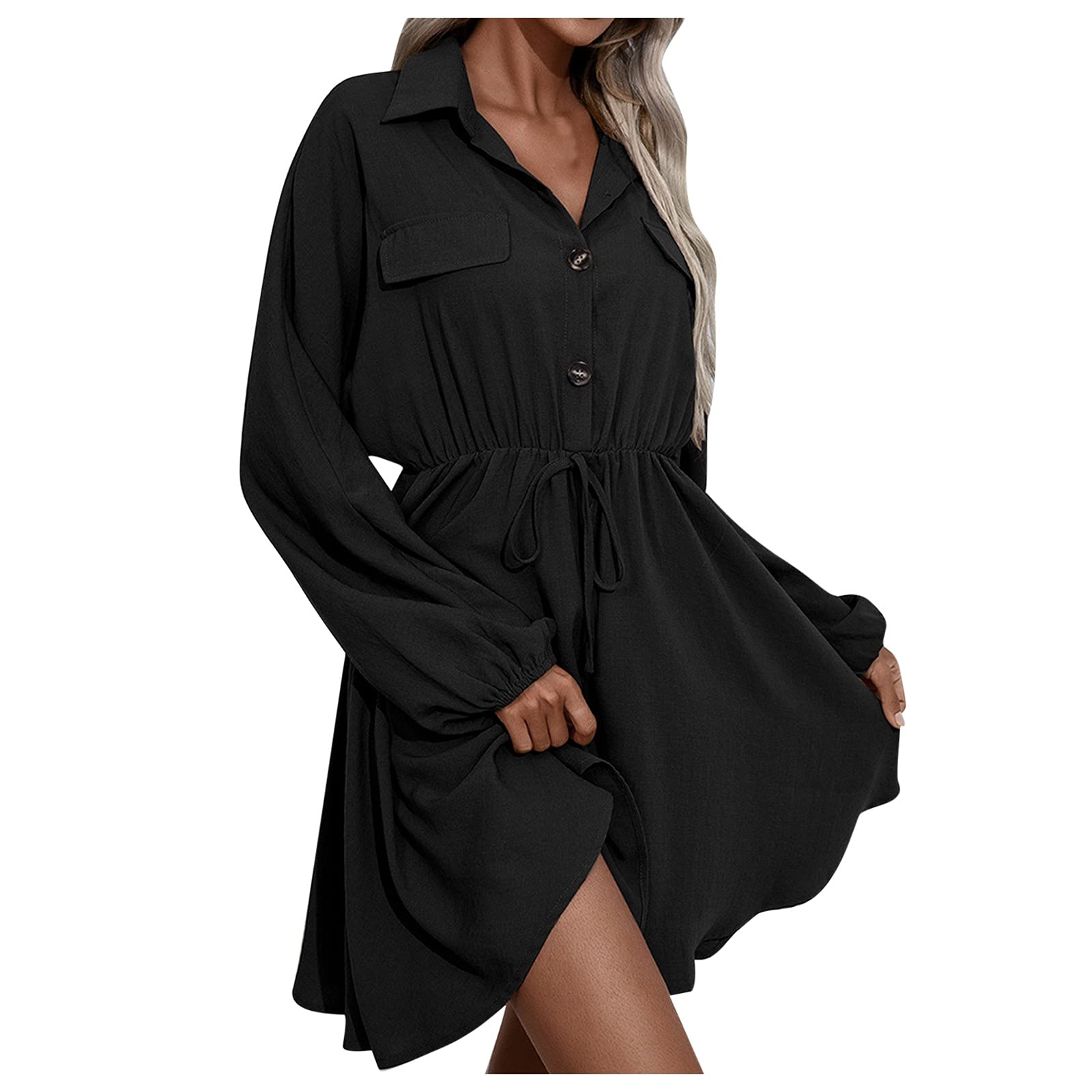 Women's Mini Lace-Up Shirt Dress - Long Sleeve V-Neck Single Breasted Casual Sundress in Black | Perfect for Spring Outfits, Date Nights & Beach Cover-Ups