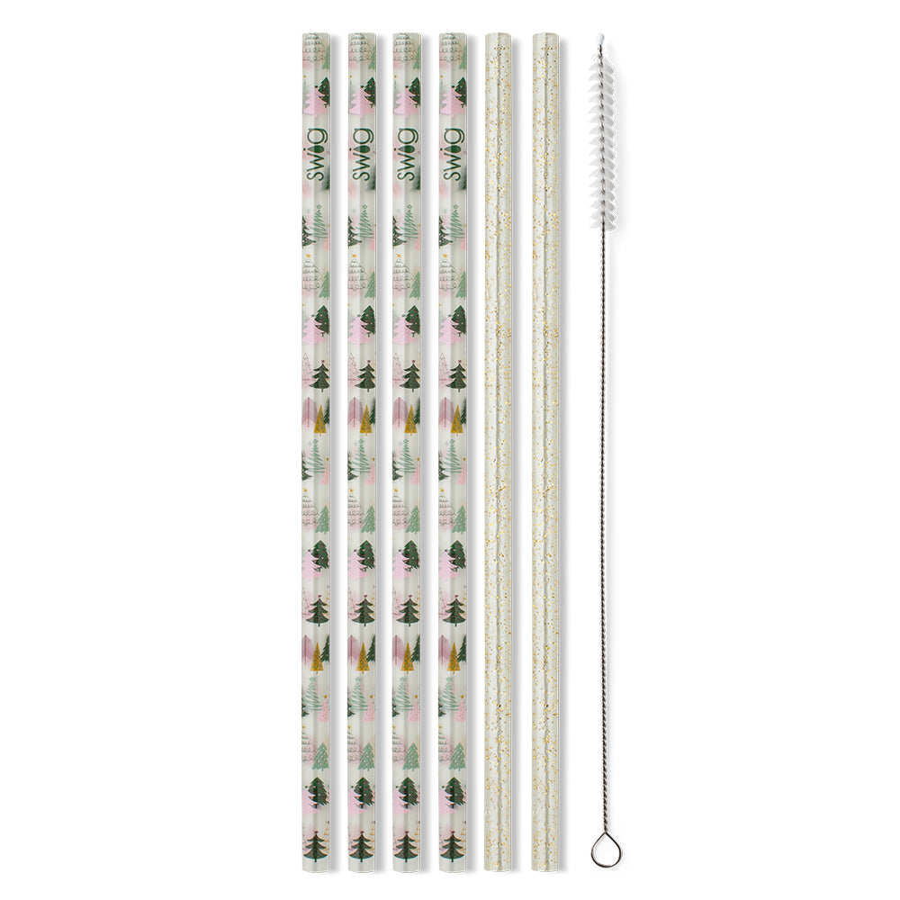 Glitter Reusable Straw Set with Tinsel Trees & Gold Accents - Perfect for Christmas Parties, Weddings & Holiday Decorations
