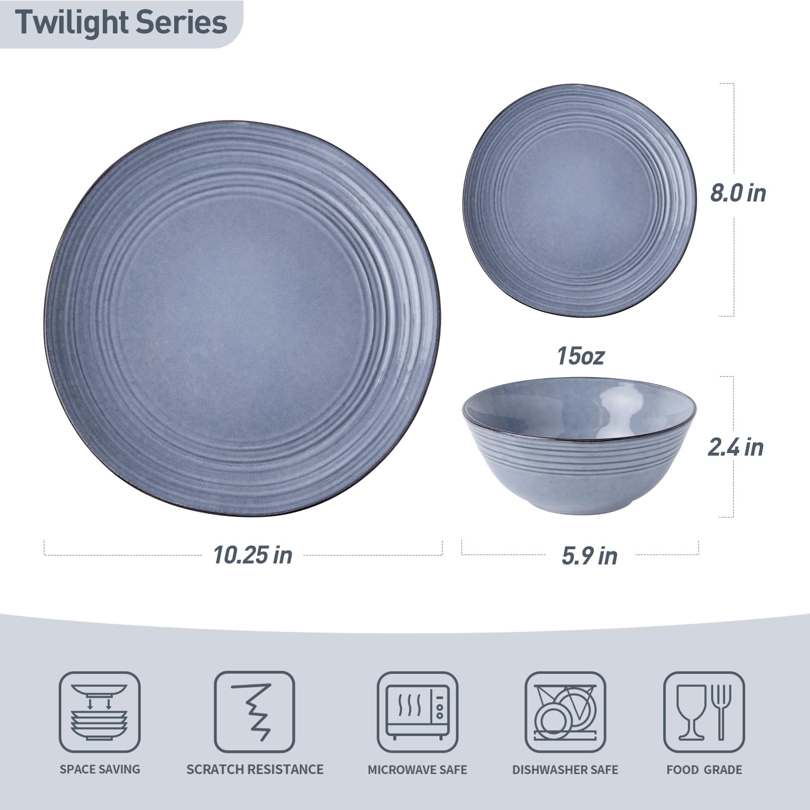Premium 12-Piece Stoneware Dinnerware Set for 4 - Handcrafted Reactive Glaze Plates & Bowls in Twilight Blue - Durable Everyday Dishes for Family Dining, Dinner Parties & Restaurant-Style Meals at Home