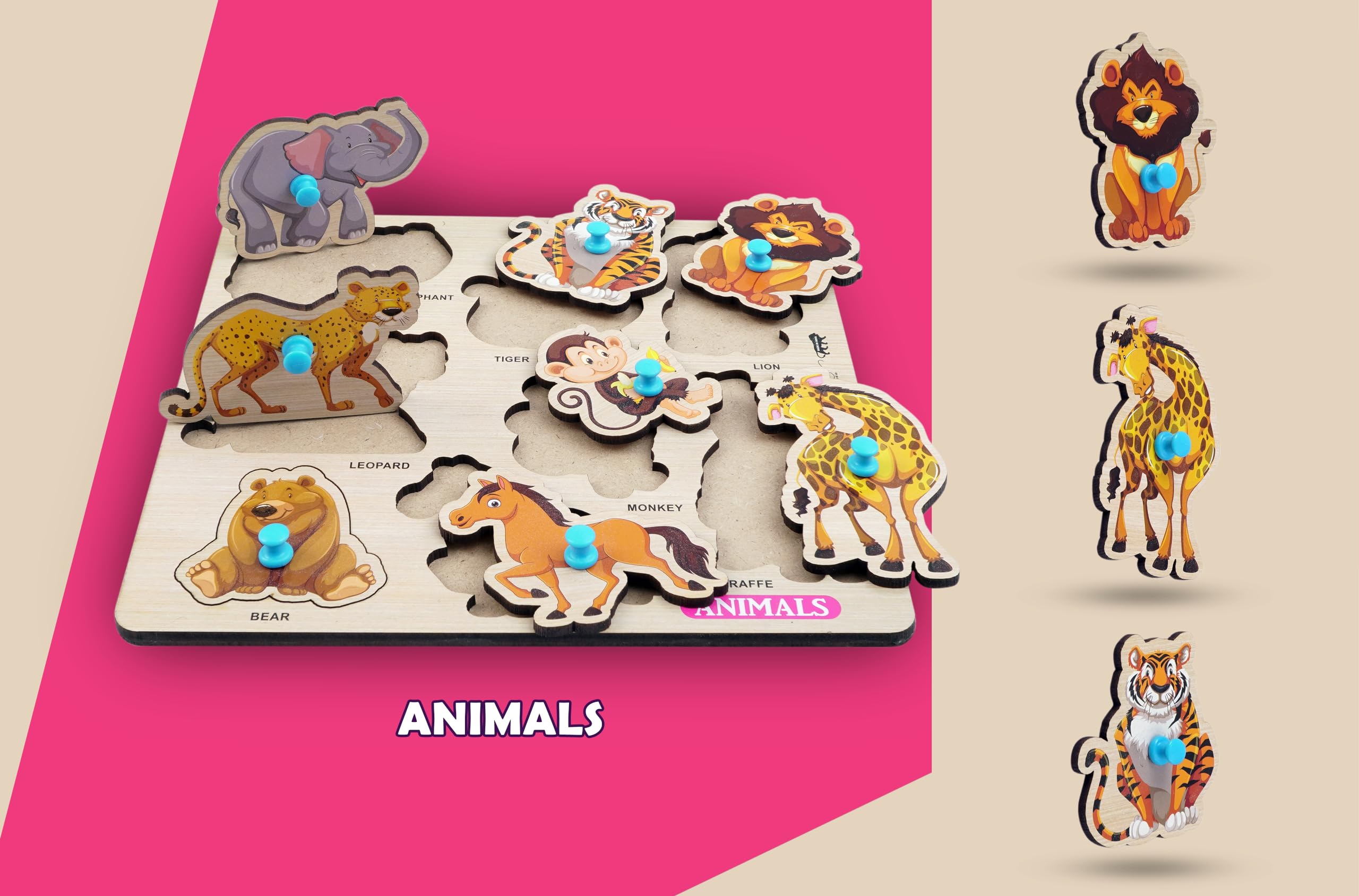 XH TOYS Montessori Wooden Animal Puzzle - Educational Learning Toy for Toddlers Ages 2-6, Preschool Classroom & Homeschool STEM Activity - Jungle Safari Theme Puzzle Board for Boys & Girls (12-Piece Set) - Perfect for Birthday Gifts, Early Childhood Development & Sensory Play